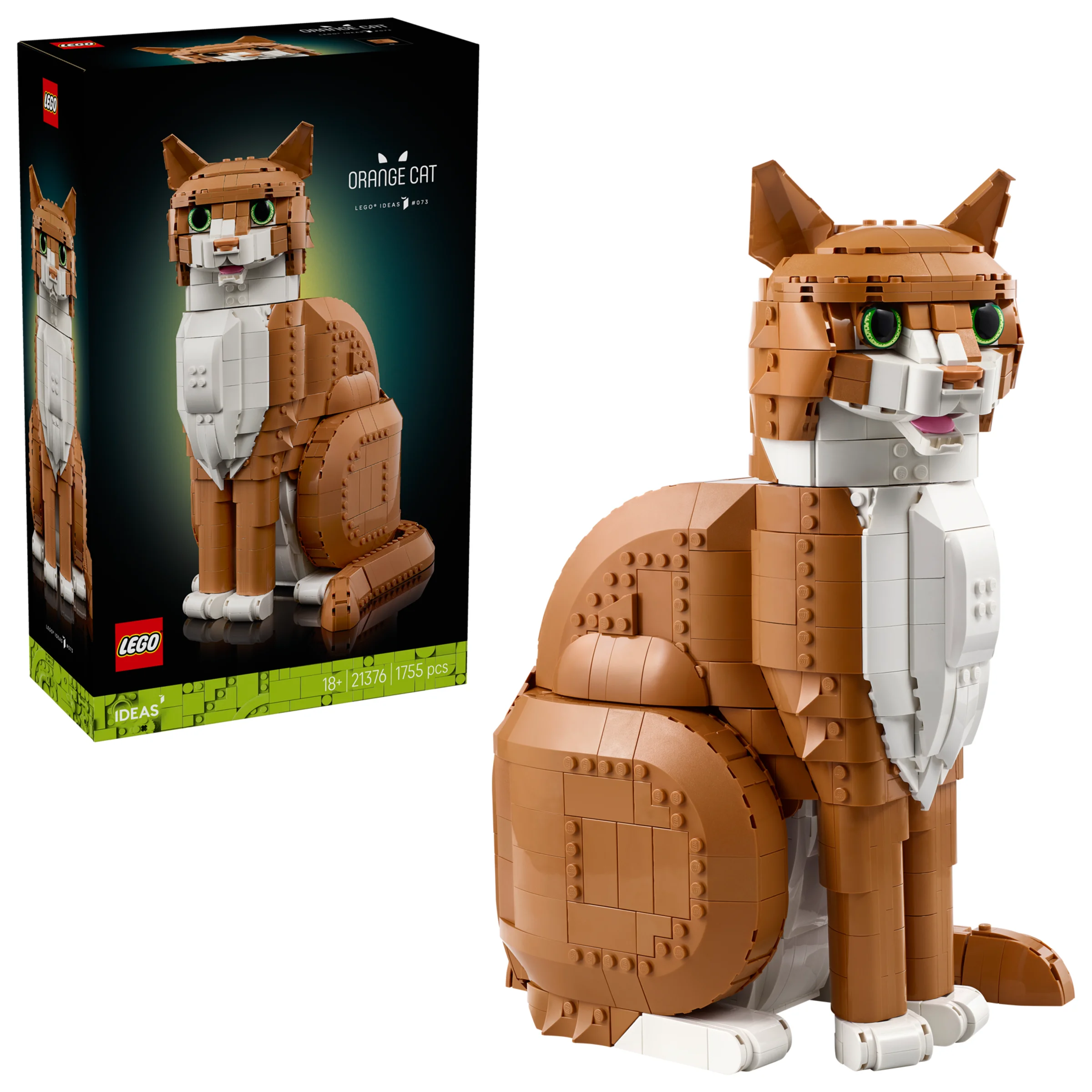 Prezentare cu pisica portocalie LEGO 21376, model finalizat și cutia produsului. Detalii clare și atractive.