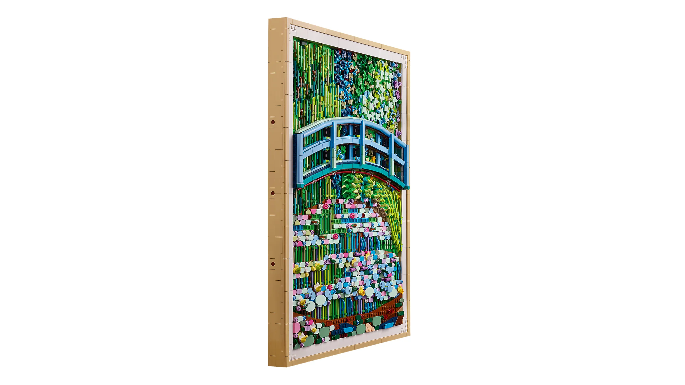 O vedere laterală a modelului LEGO Claude Monet, „Podul peste un iaz cu nuferi”.