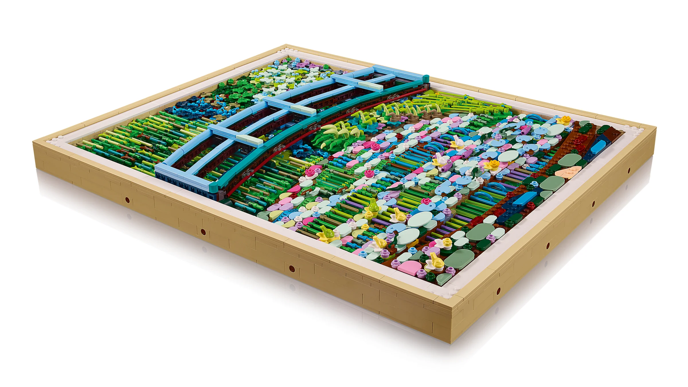 Reproducere LEGO a picturii lui Monet, „Pod peste un iaz cu nuferi”.