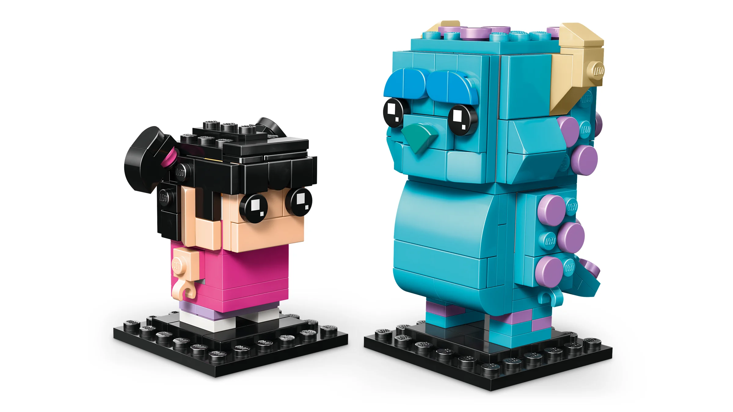 Imagine cu figurinele BrickHeadz Sulley, Mike și Boo (40861). Modele detaliate, viu colorate.