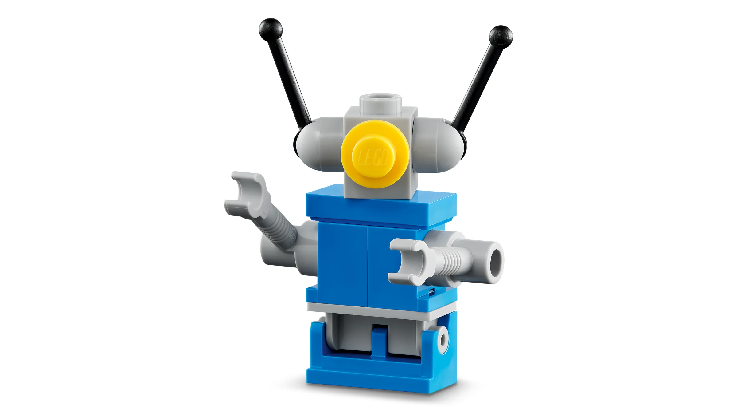 O minifigurină LEGO astronaut albastră mărită, detaliată, pe fundal alb.