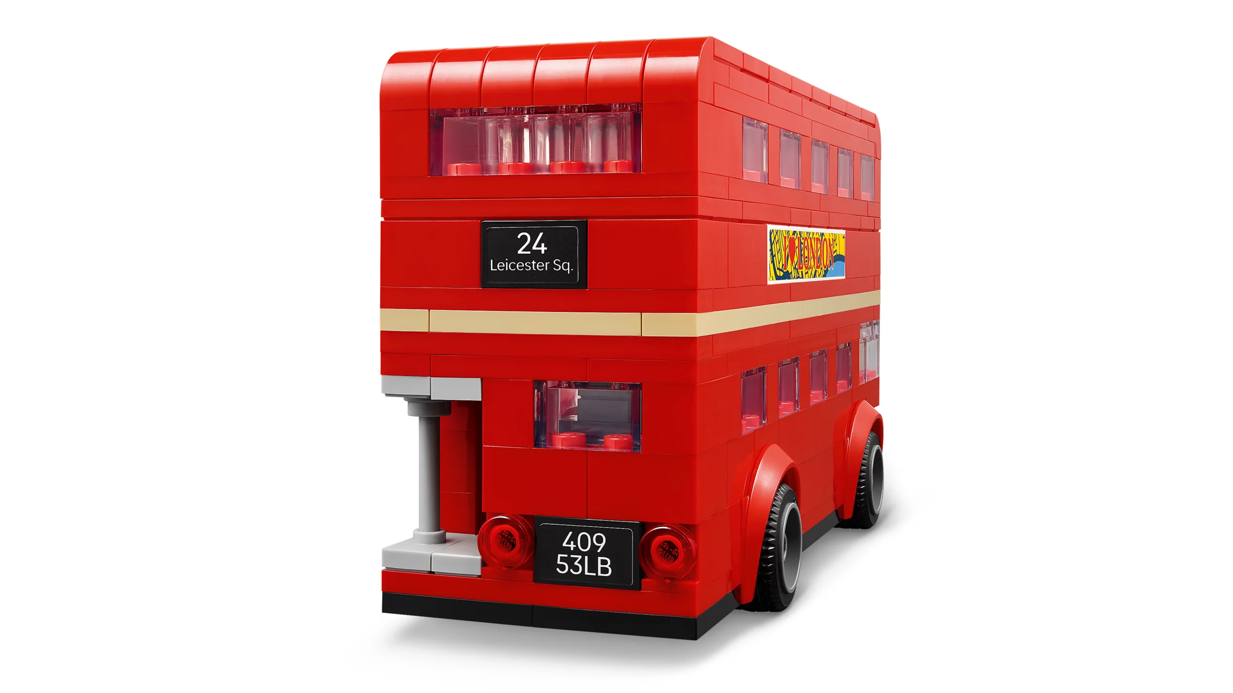 Autobuz londonez roșu LEGO, detaliat, cu numărul 24 și reclame. O replică minunată!