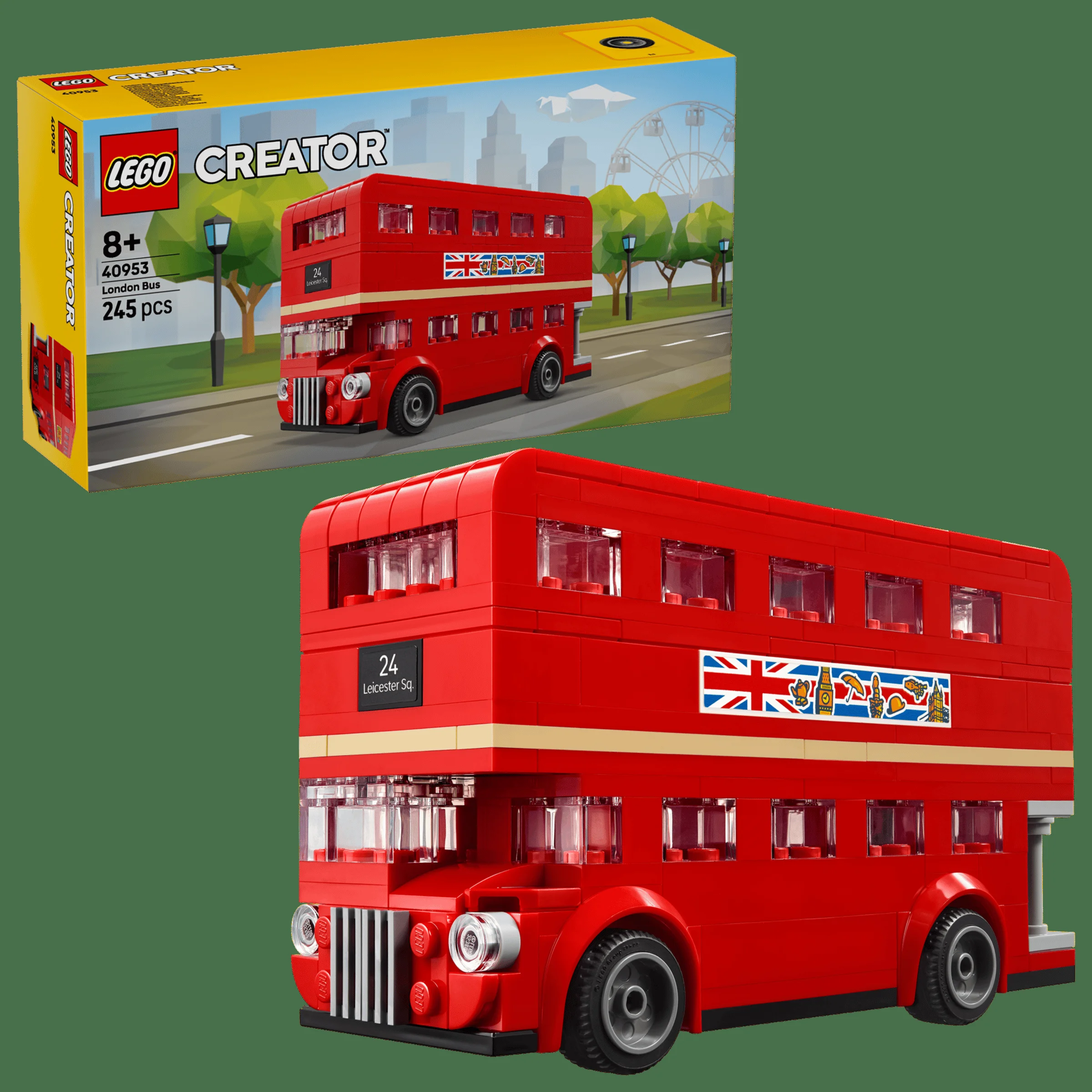 Imagine cu autobuzul londonez LEGO 40953 și cutia. Set detaliat, perfect pentru fanii LEGO.