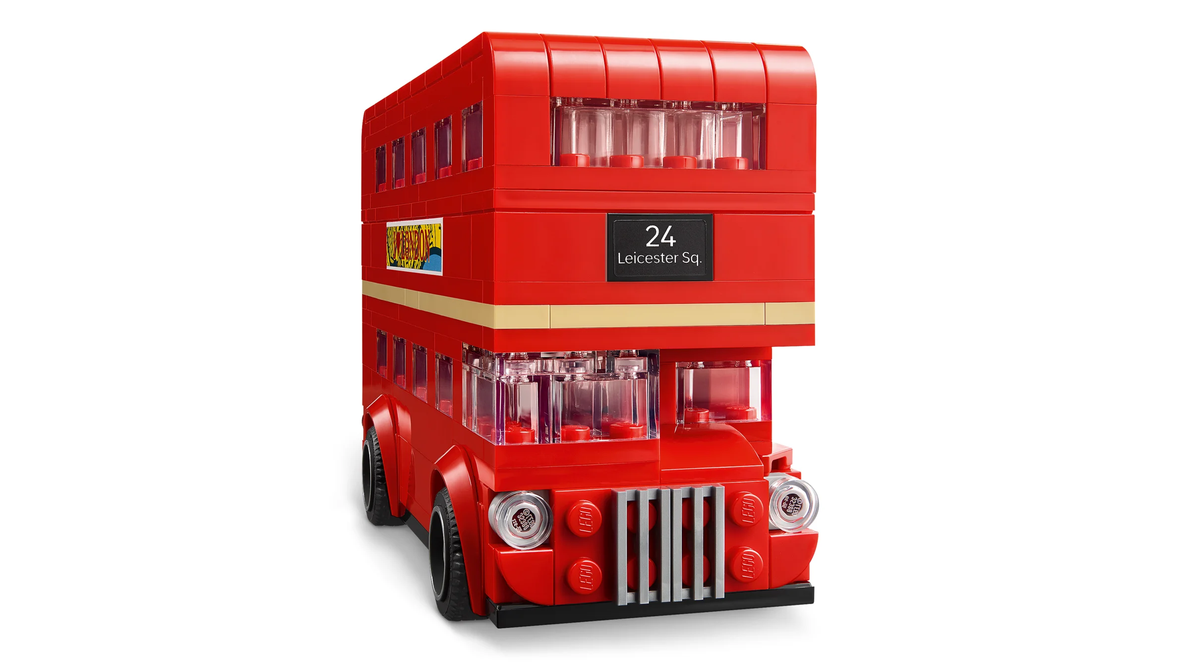 Autobuzul londonez roșu cu etajul 2, cu numărul 24, realizat din piese LEGO.