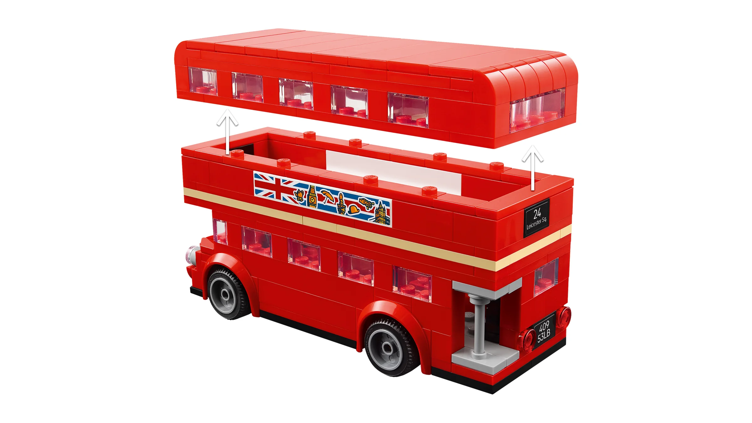 Autobuzul londonez roșu, cu etajul superior detașat. Detalii autentice, perfect pentru joacă sau colecție.