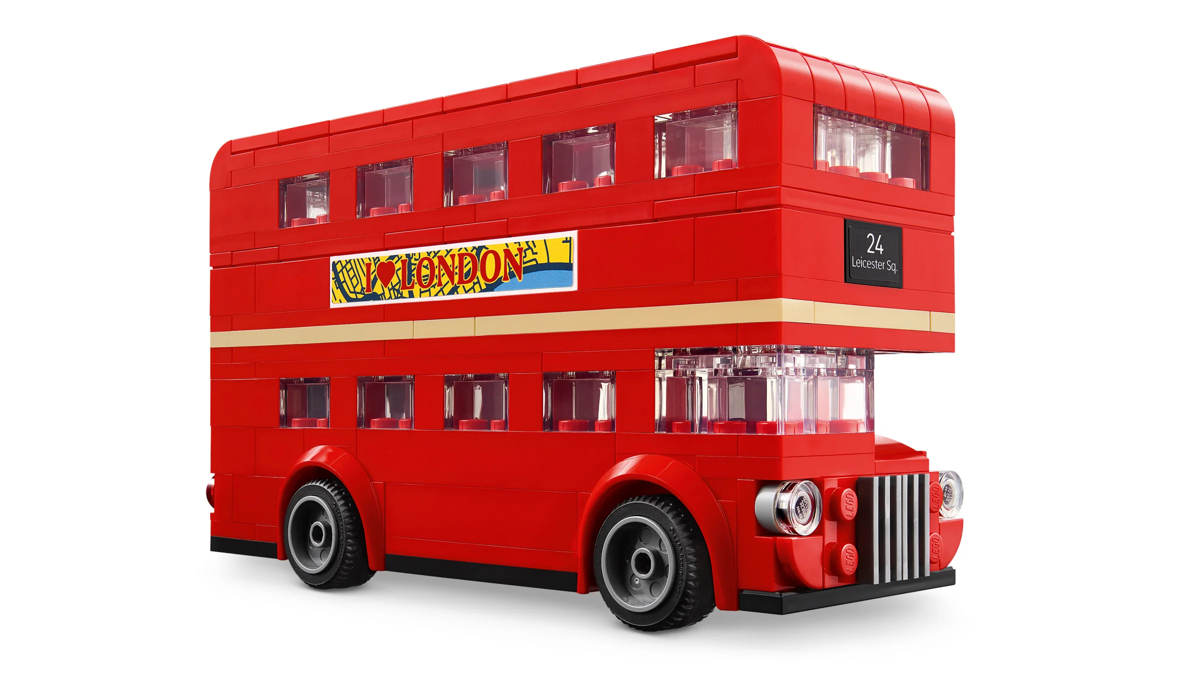 Imagine cu autobuzul londonez roșu LEGO, setul 40953, un model detaliat și atractiv.