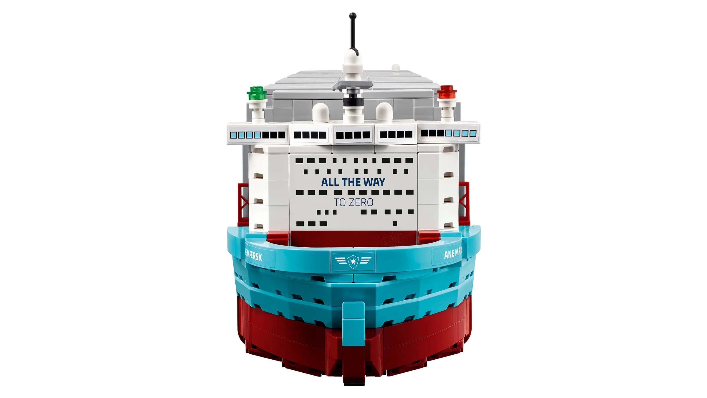 Vedere frontală a modelului LEGO Maersk, detaliind schema de culori și inscripția 