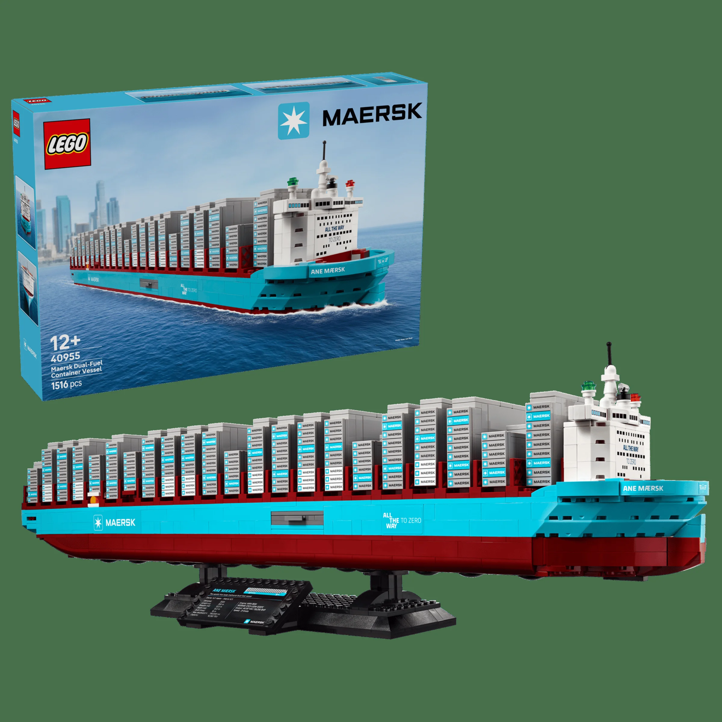 Imagine cu setul LEGO 40955 Maersk Dual-Fuel Container Vessel și cutia sa, arătând detaliile.