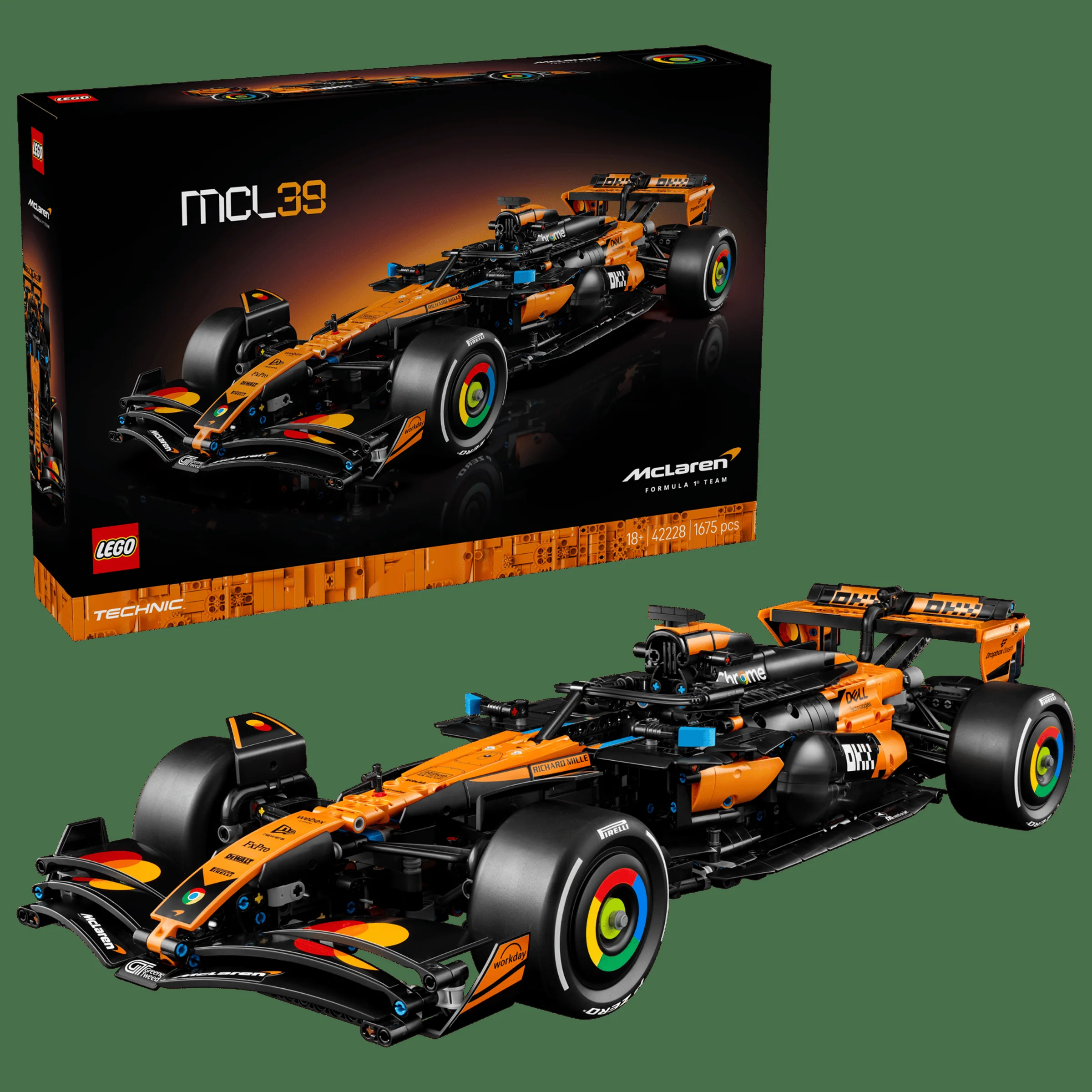 Imagine cu setul LEGO Technic 42228 McLaren F1 MCL39 și cutia. Design detaliat, replică fidelă a monopostului de Formula 1.