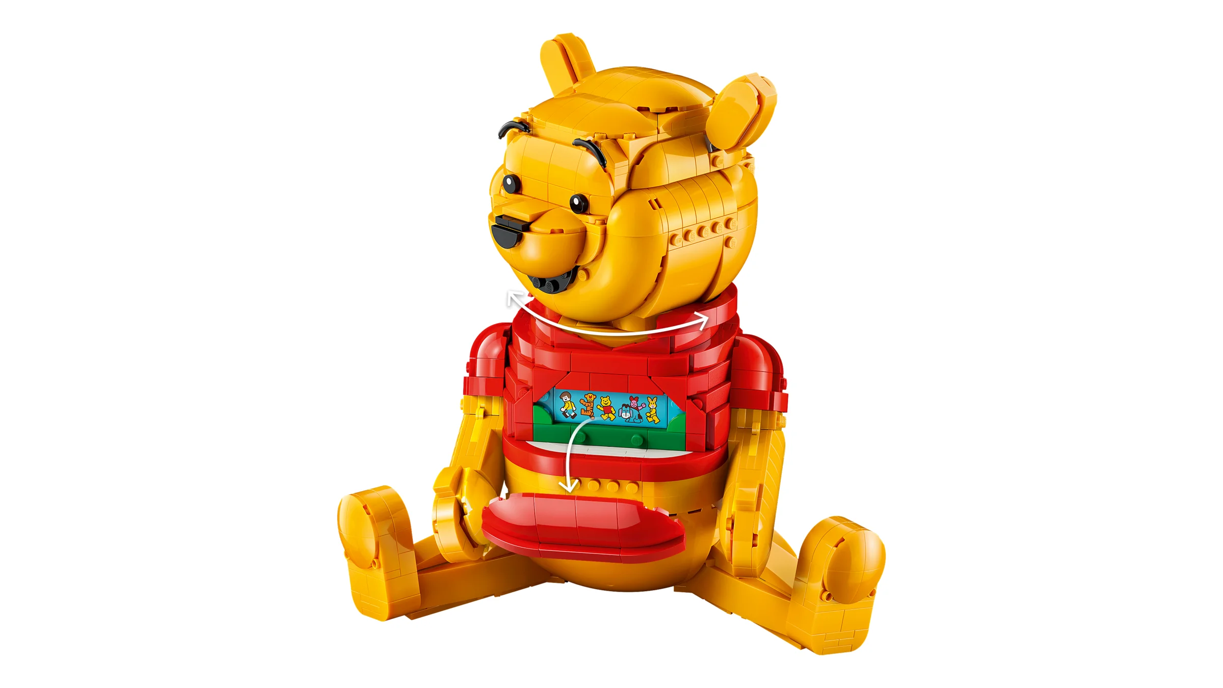 Winnie the Pooh din LEGO cu burtica deschisă, detalii și culori vii.
