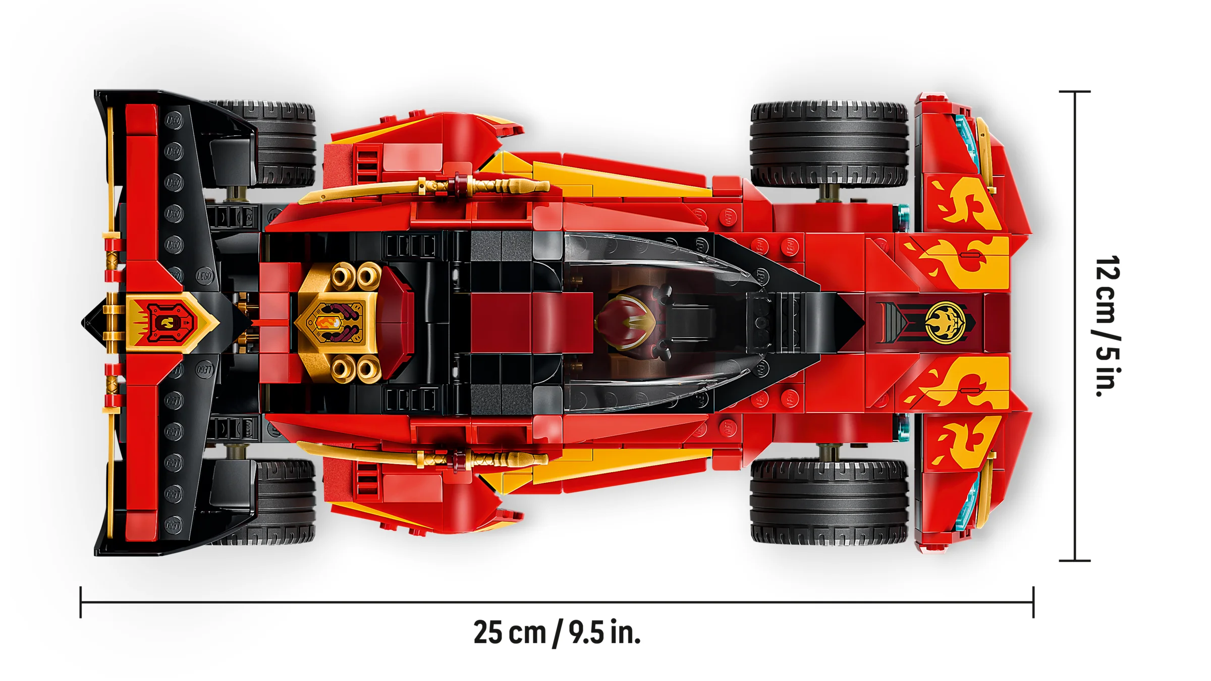 Imagine detaliată de sus a mașinii X-1 Ninja Charger (71867), cu dimensiunile indicate în cm și inci.
