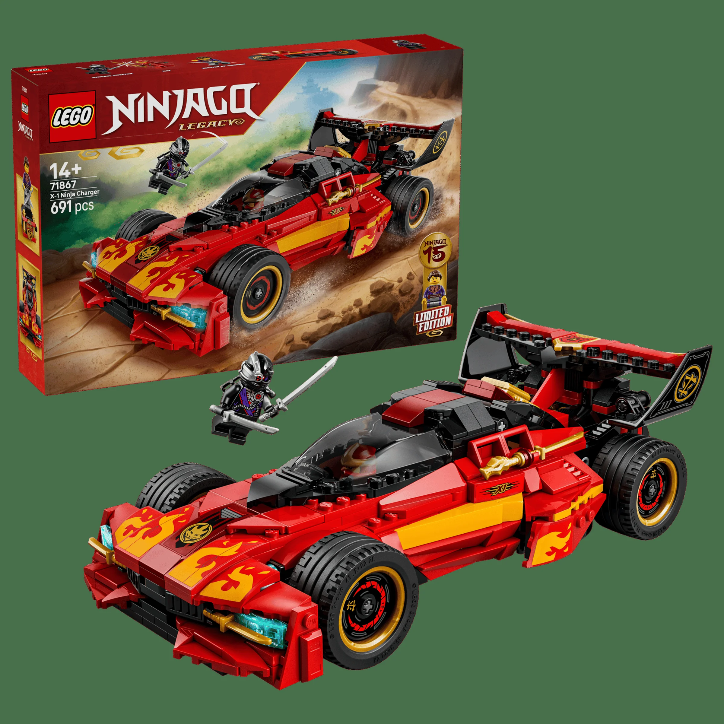 Imagine cu setul LEGO Ninjago 71867 X-1 Ninja Charger și cutia. Aspect detaliat al mașinii roșii și aurii.