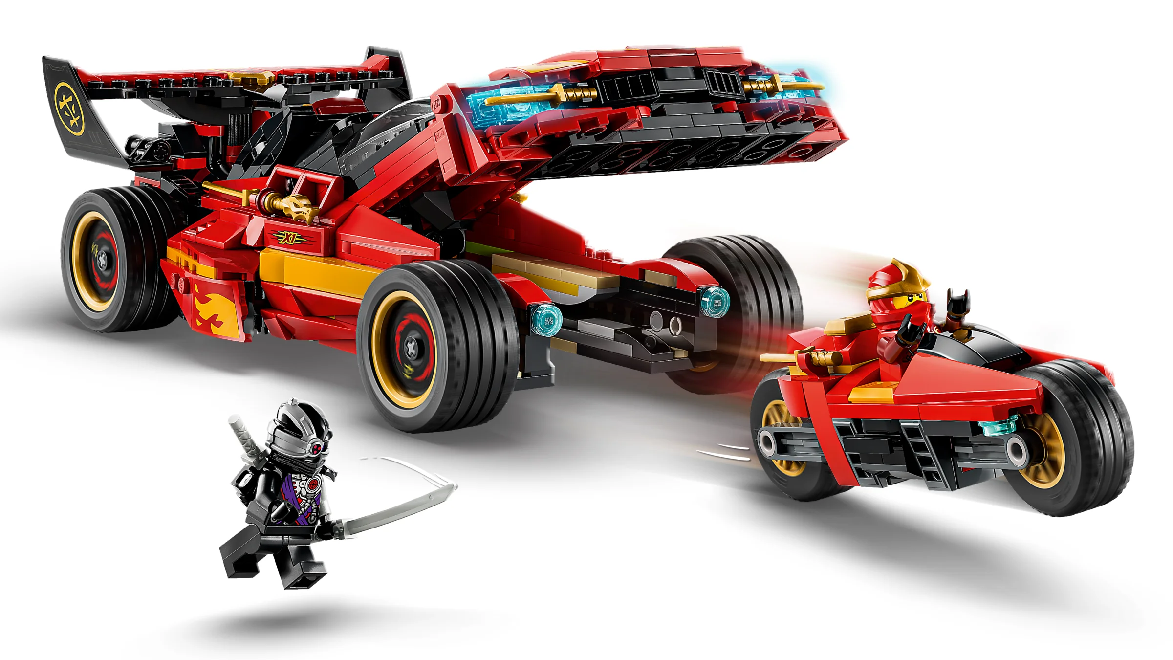 Imagine cu X-1 Ninja Charger și motocicletă, cu minifigurine Kai și un războinic lup. Aspect dinamic, atractiv.