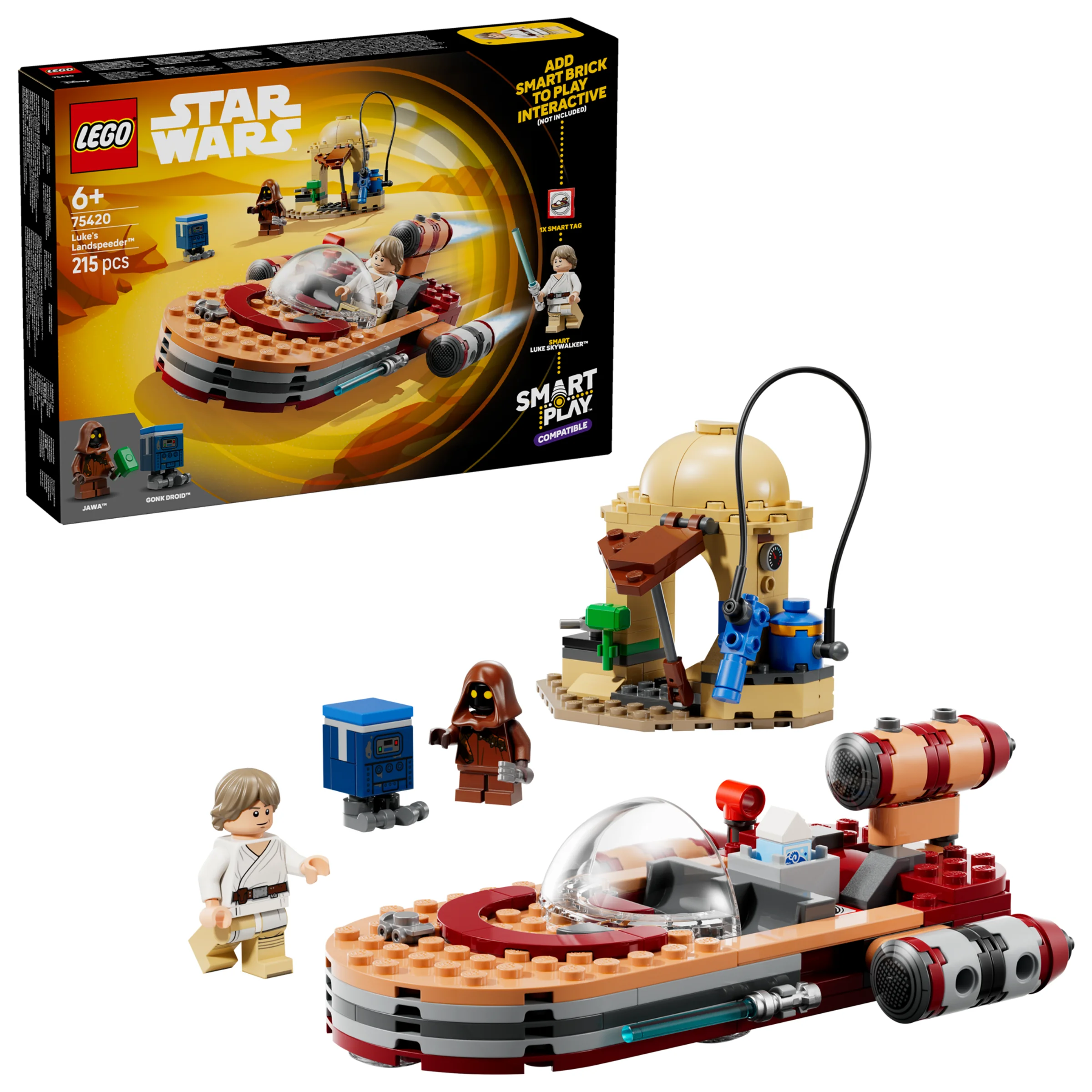 Imagine cu setul LEGO 75420 Landspeeder, cu minifigurinele Luke, Jawa și Gonk Droid. Modelul finalizat și cutia.
