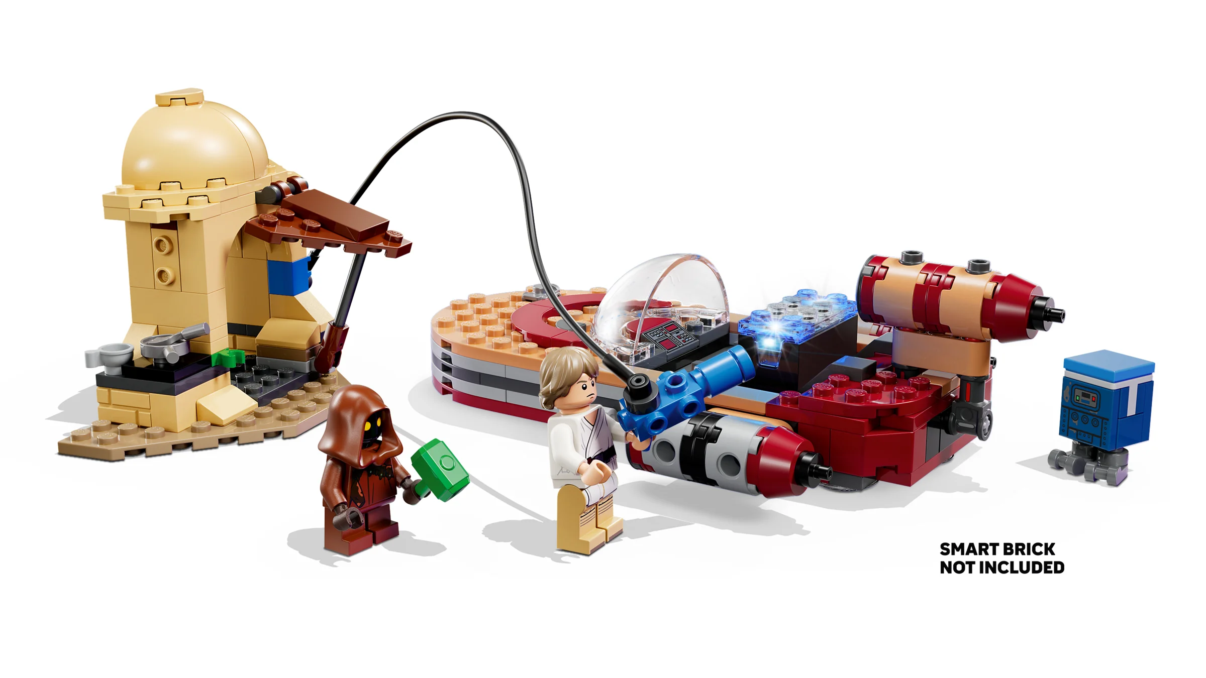 Imagine cu setul Landspeeder LEGO 75420, prezentând vehiculul, Luke, Jawa și robotul. 