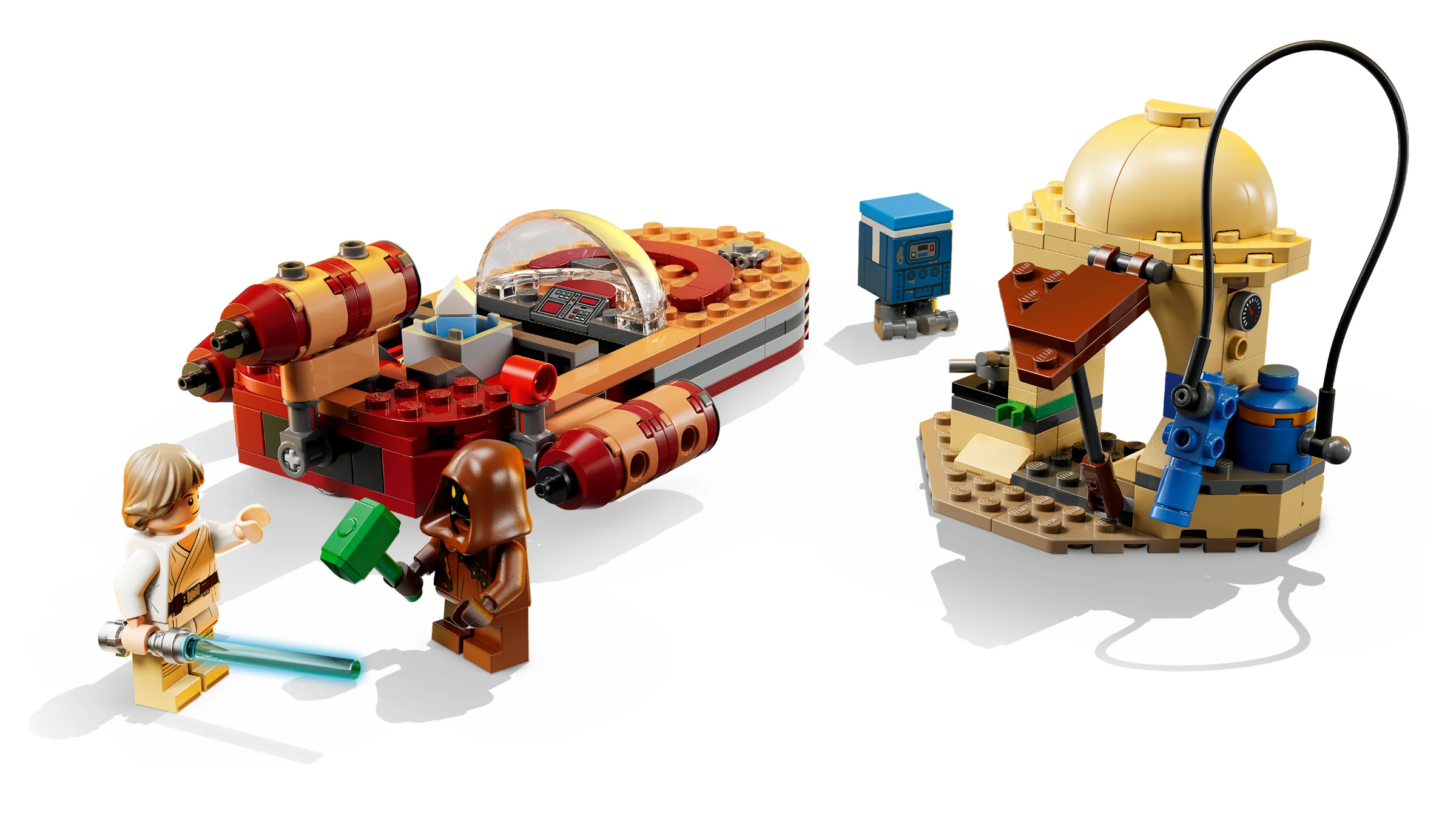O imagine a setului LEGO 75420 Landspeeder, cu vehiculul, Luke Skywalker, Jawa și Droid. 