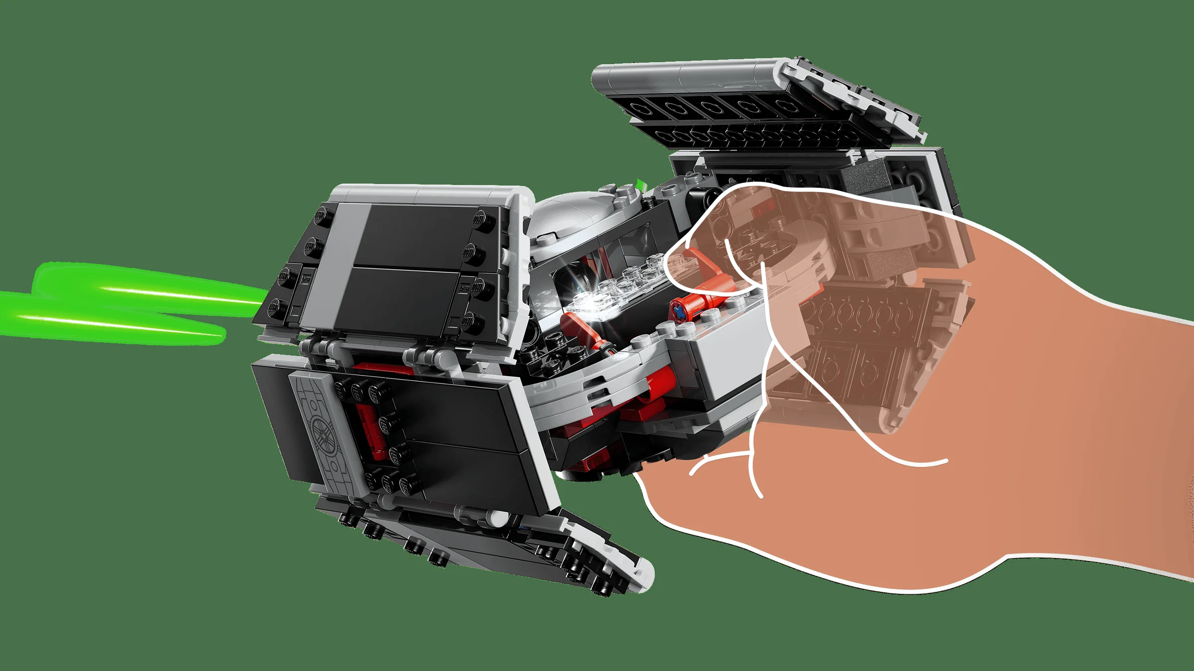 Imagine detaliată a modelului TIE Fighter al lui Darth Vader, cu detalii interne vizibile.