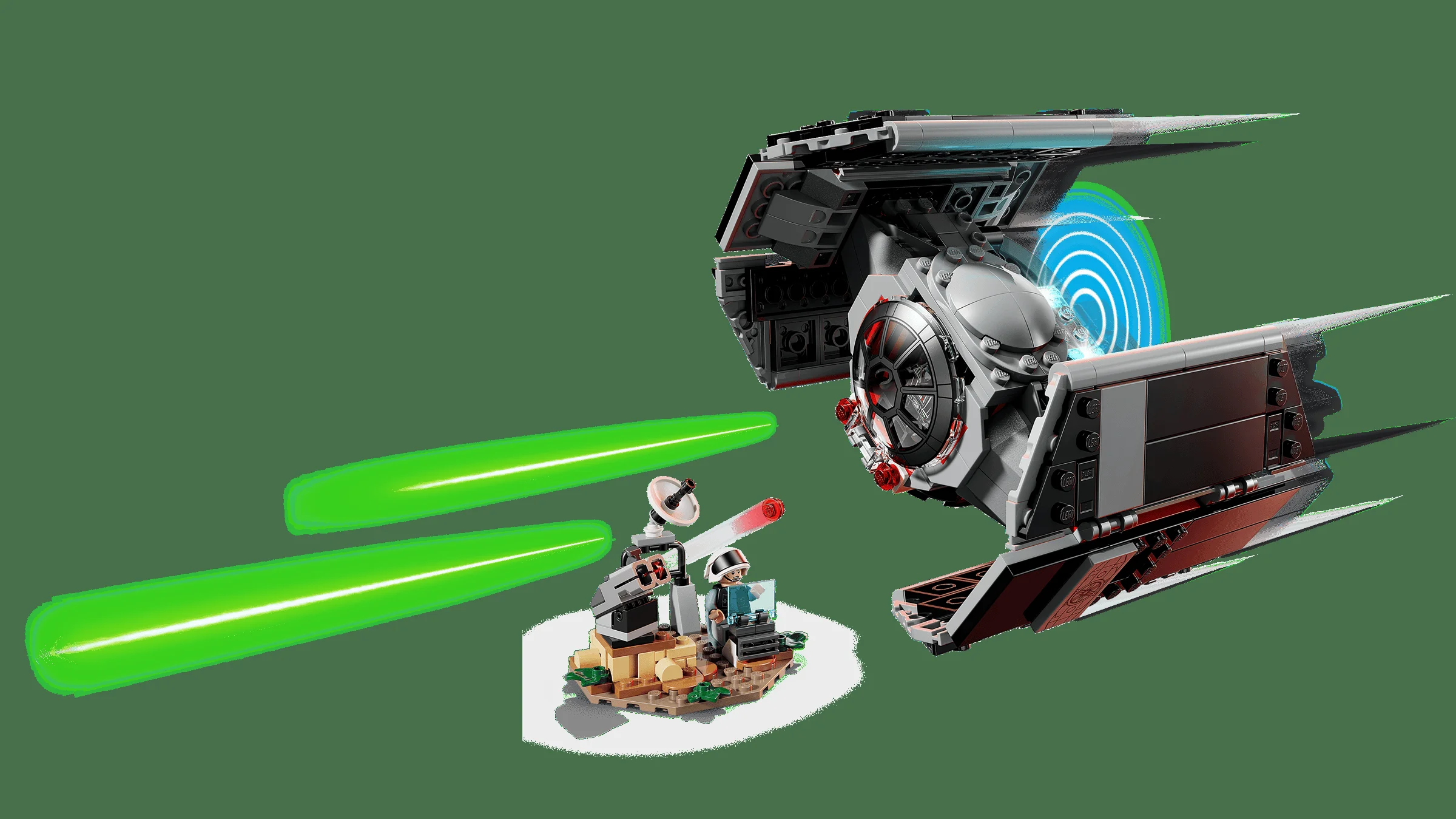 Imagine detaliată cu TIE Fighter-ul lui Darth Vader (75421) și baza de control, pe fundal verde.