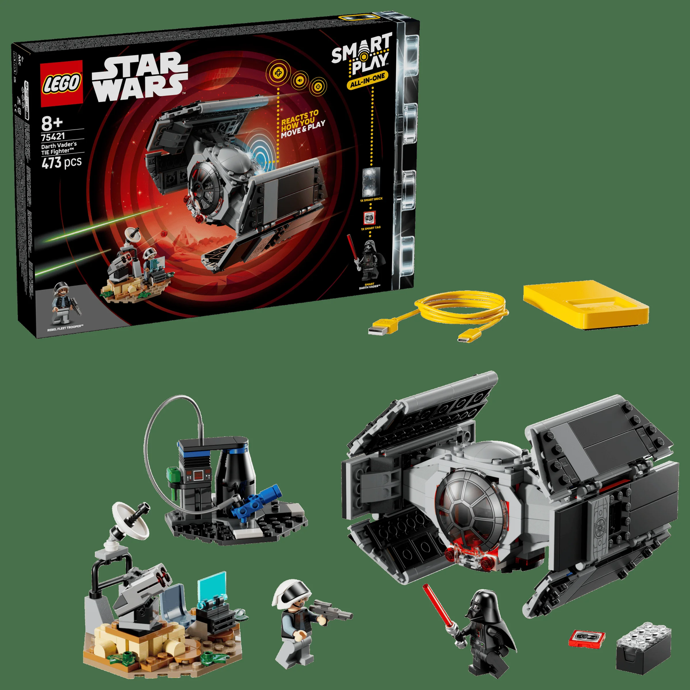 Imagine cu setul LEGO 75421 Darth Vader's TIE Fighter și cutia, prezentând minifigurine și detalii.