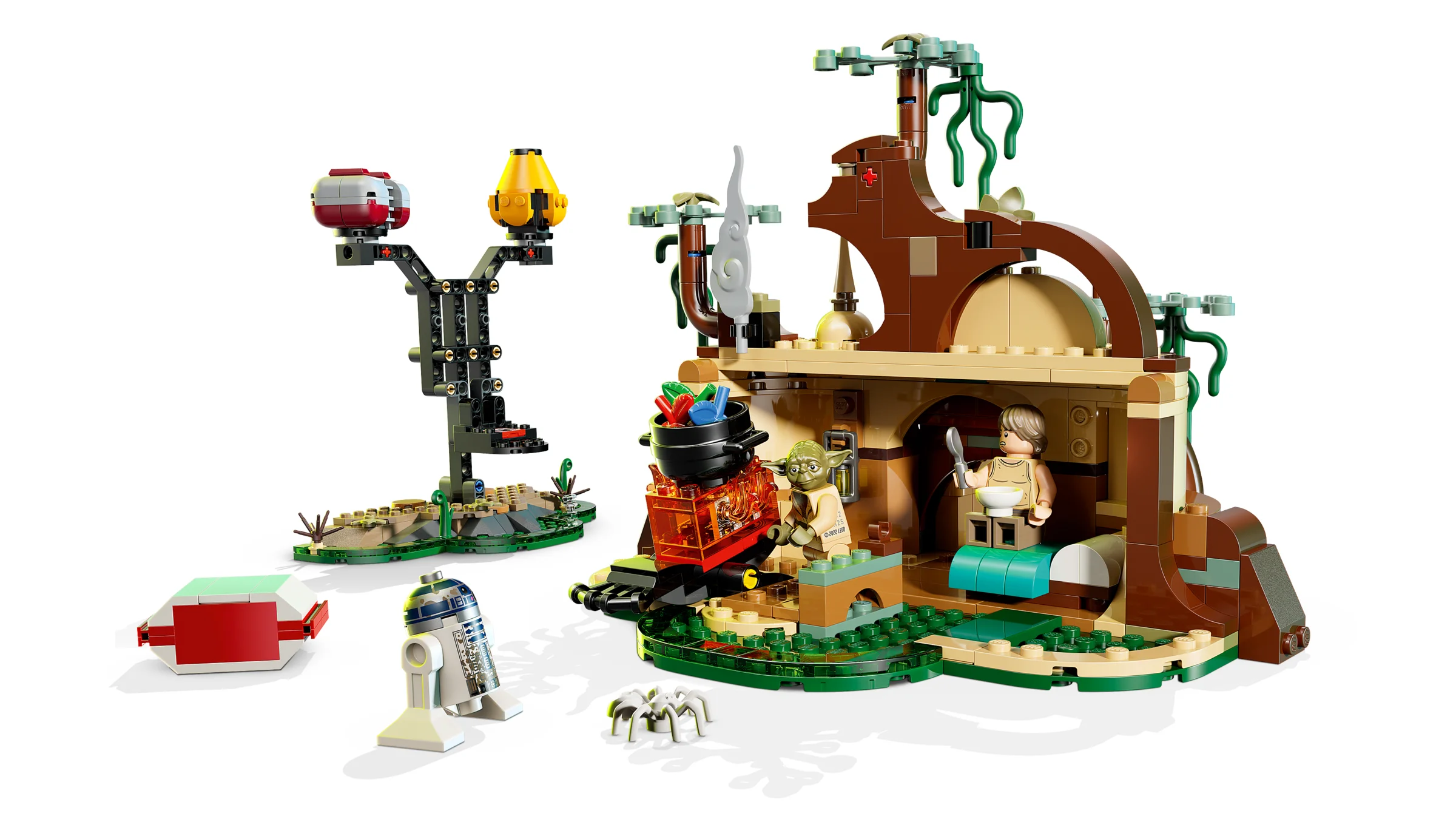 Imagine cu setul LEGO 75422, Coliba lui Yoda și antrenamentul Jedi, cu minifigurine și detalii.