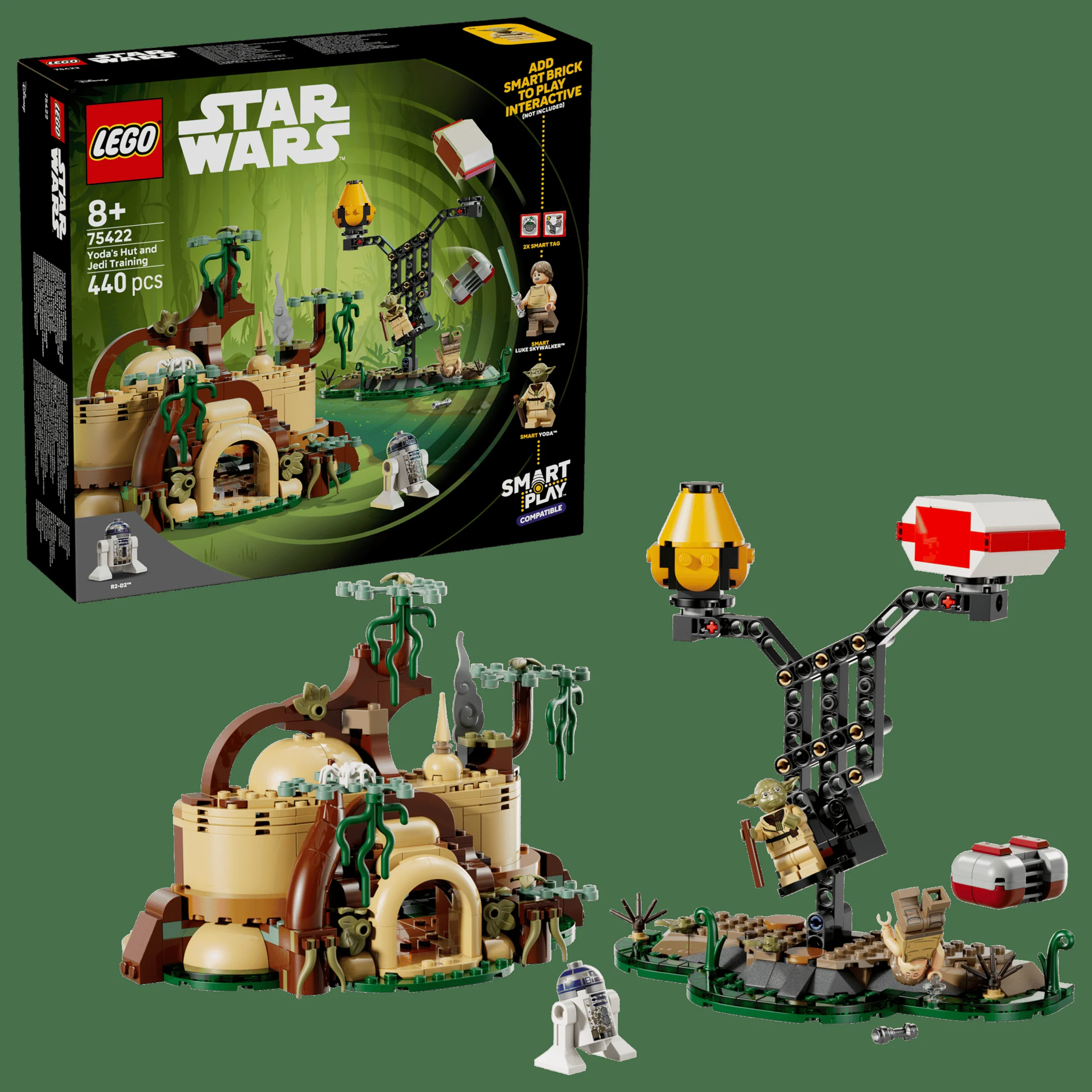 Imagine cu setul LEGO 75422 Yoda's Hut, ce prezintă cabana lui Yoda și zona de antrenament Jedi.