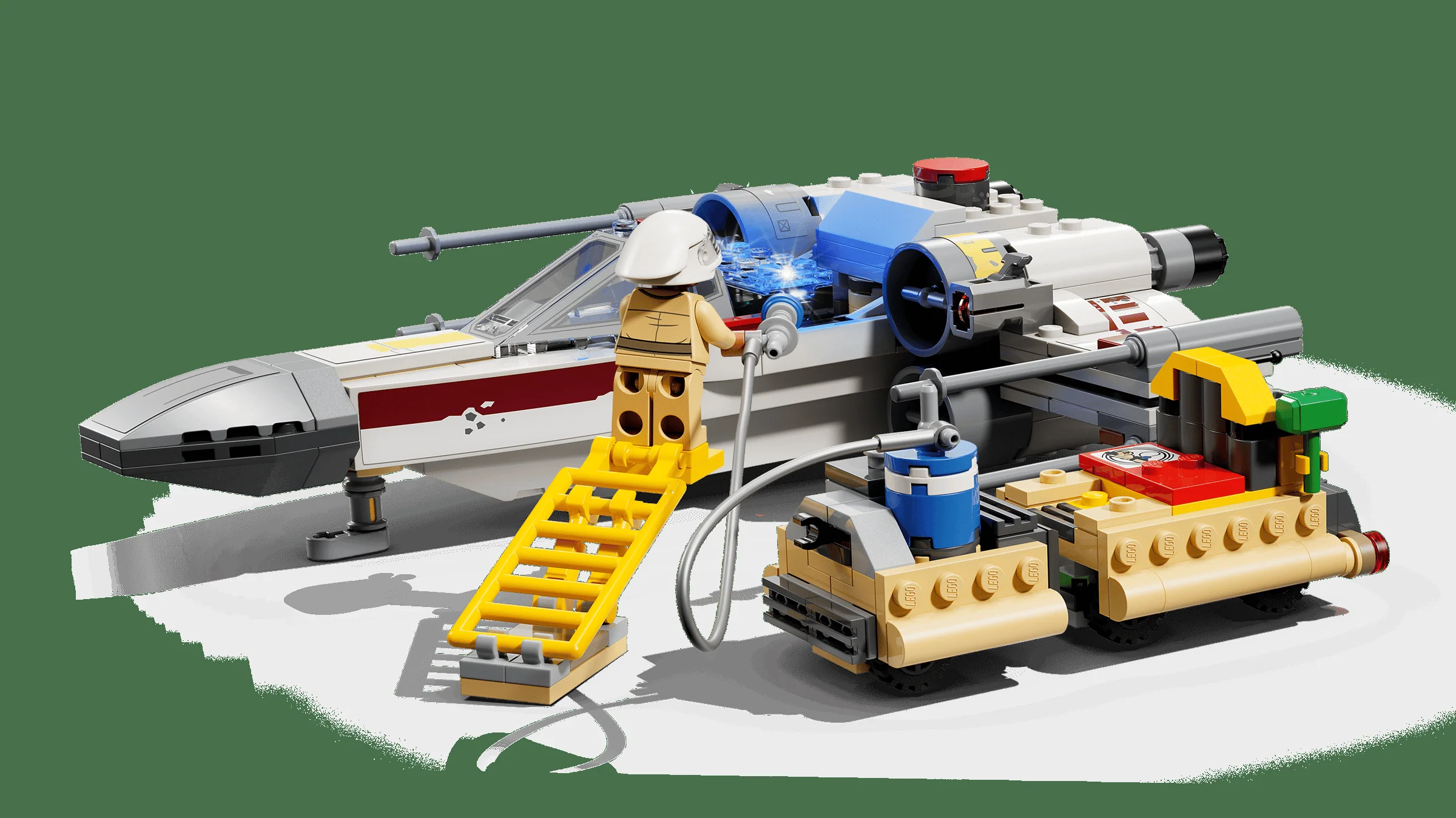 Luke repară aripa X-wing roșie cu ajutorul vehiculului de service.