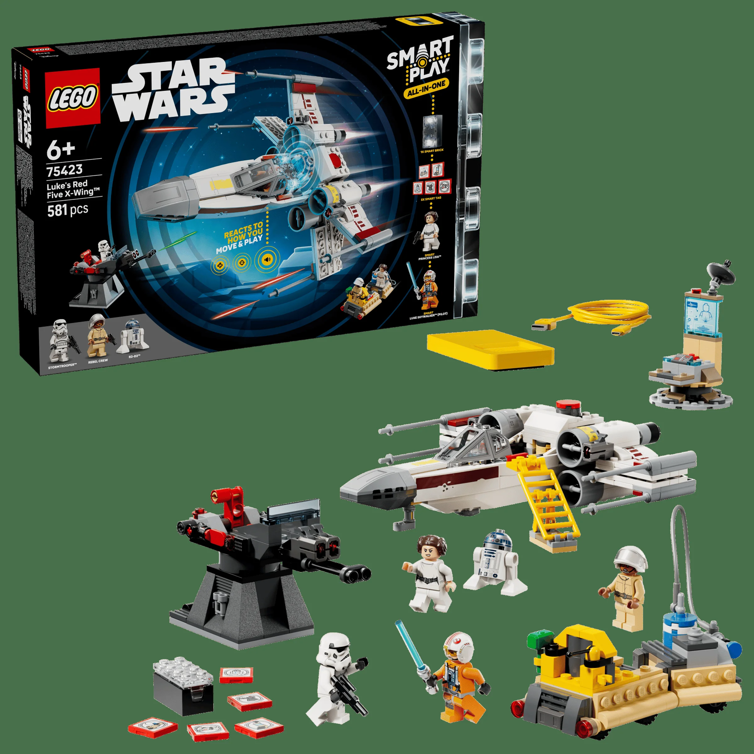 Prezentare set LEGO Star Wars 75423, X-wing-ul lui Luke, cu minifigurine și elemente interactive.