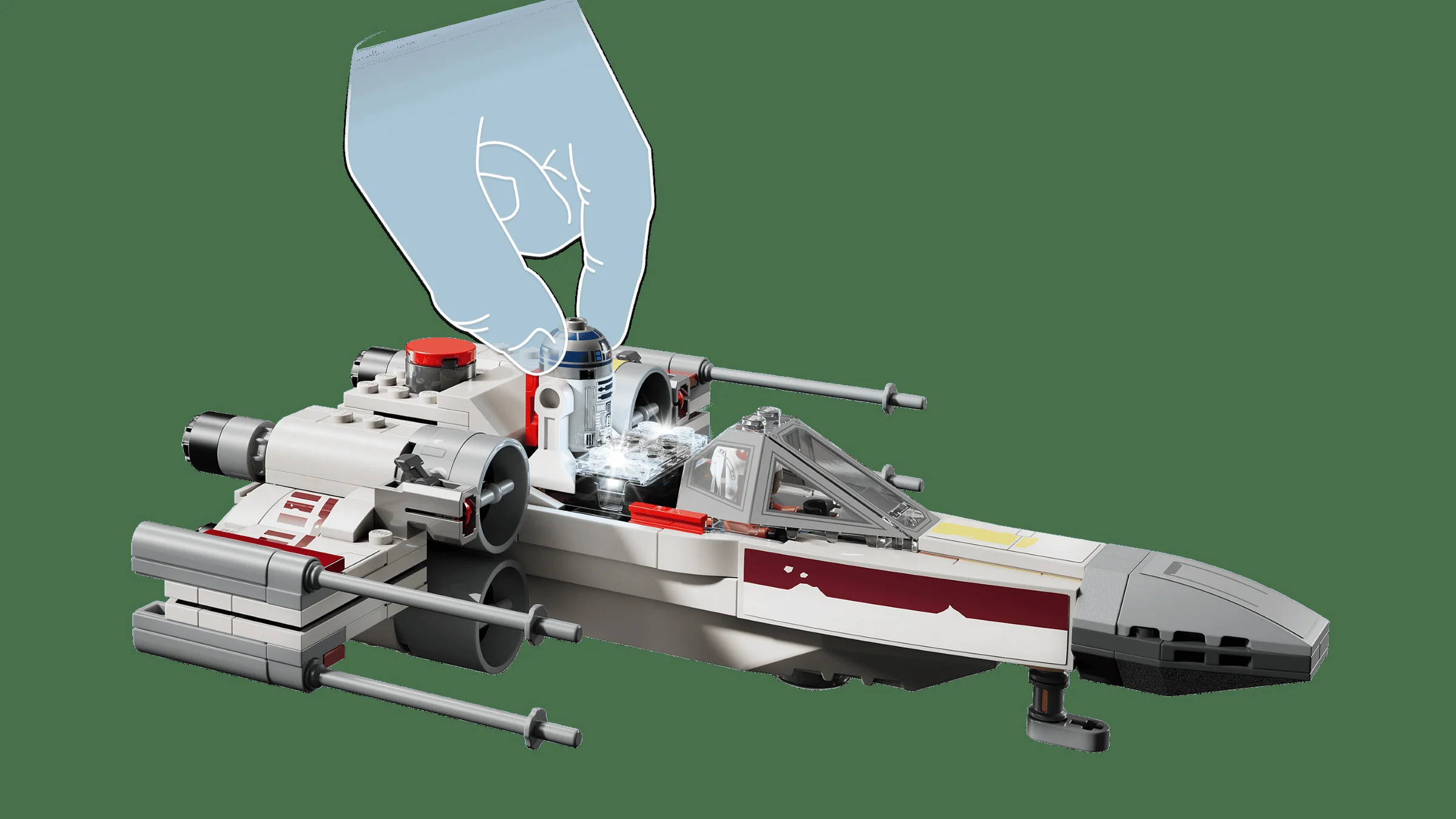 R2-D2 este așezat în X-wing. O imagine detaliată a modelului LEGO.