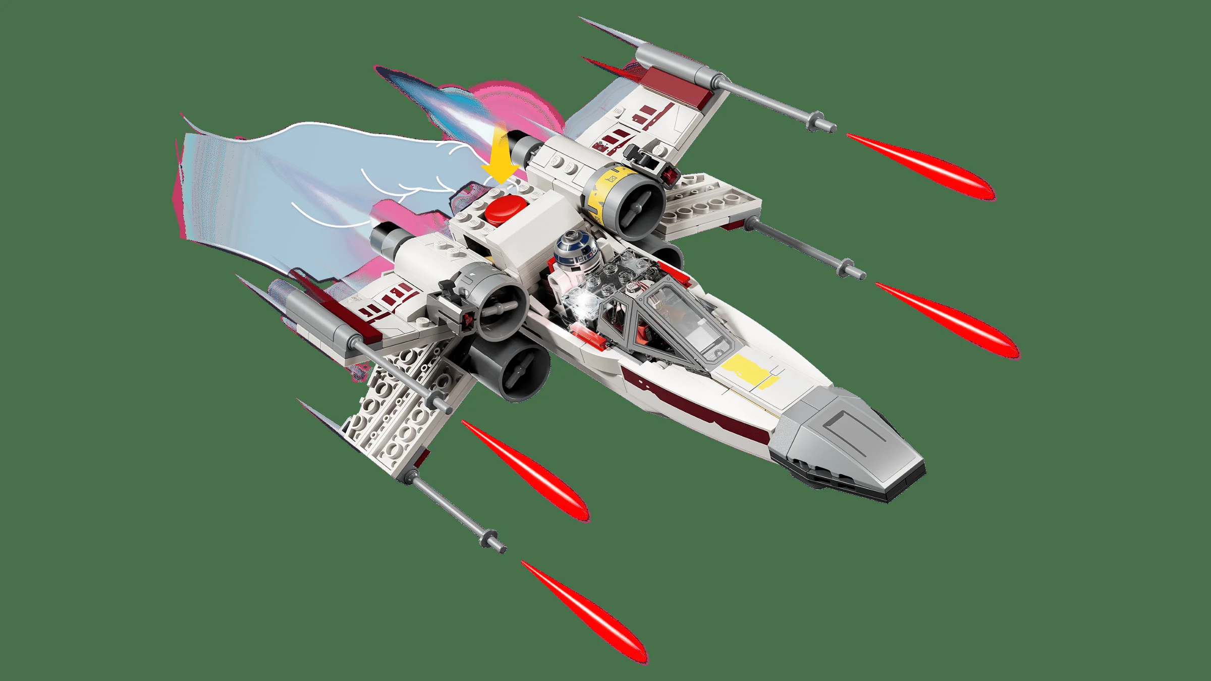 X-wing detaliat, în plină acțiune, cu efecte grafice. Model atrăgător și dinamic.