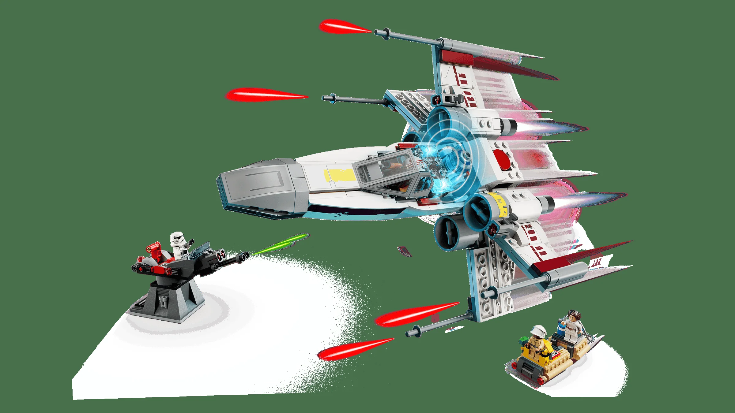 Imagine cu X-wing-ul lui Luke în acțiune, cu efecte speciale de luptă.