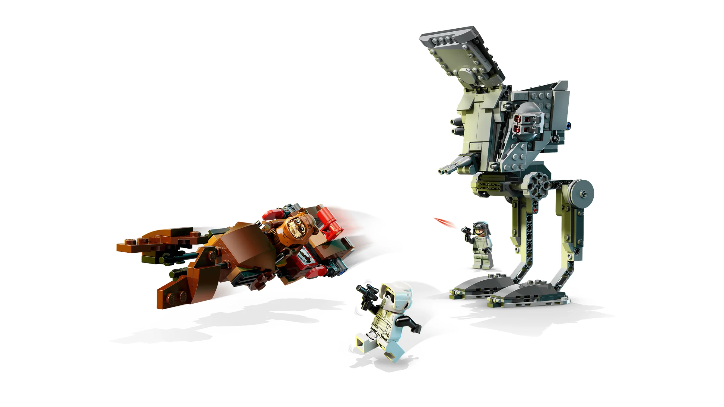 Imagine cu AT-ST asaltat pe Endor de un speeder Ewok. O scenă din Războiul Stelelor.