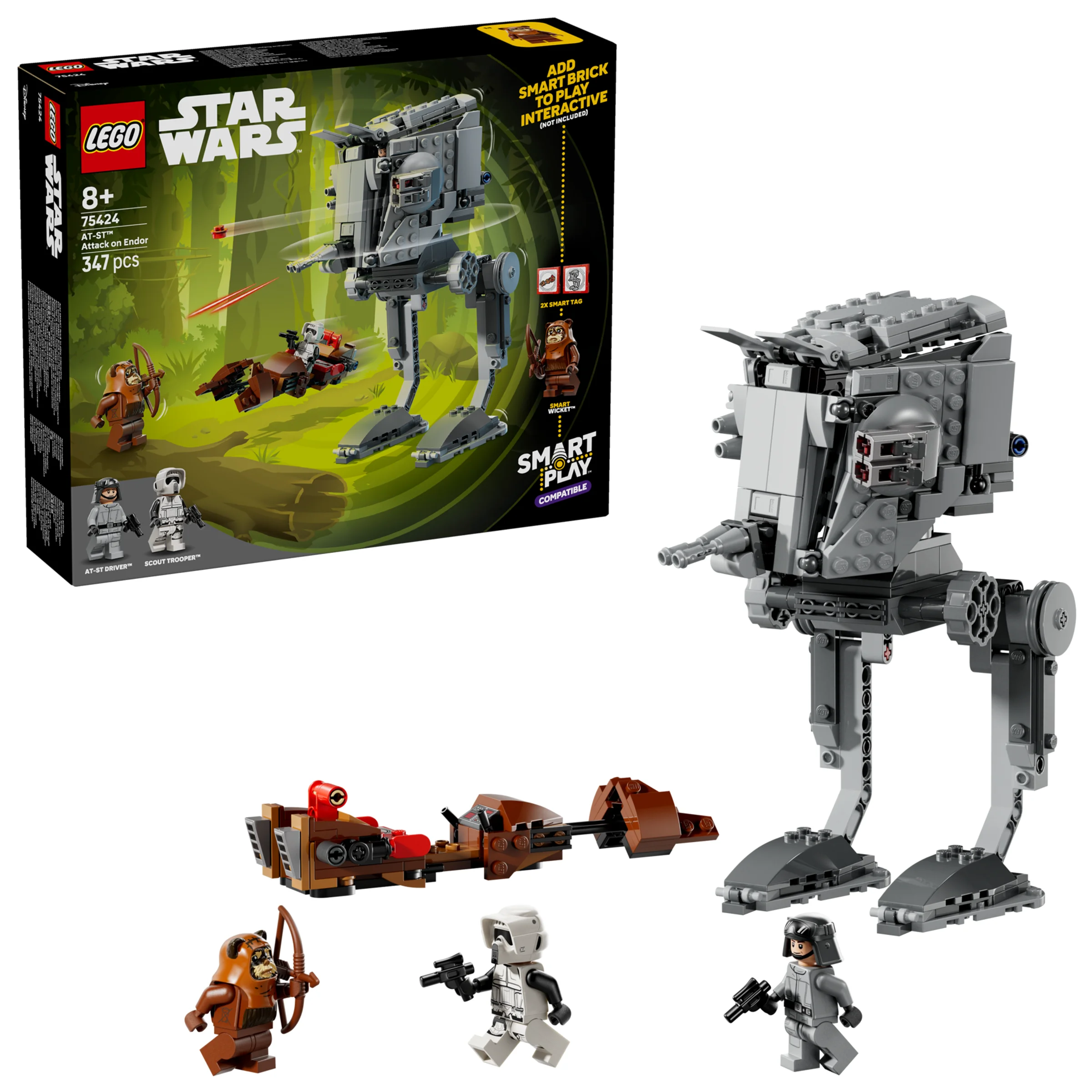 Imagine cu setul LEGO Star Wars 75424, AT-ST Attack on Endor. Include cutia, modelul și minifigurinele.