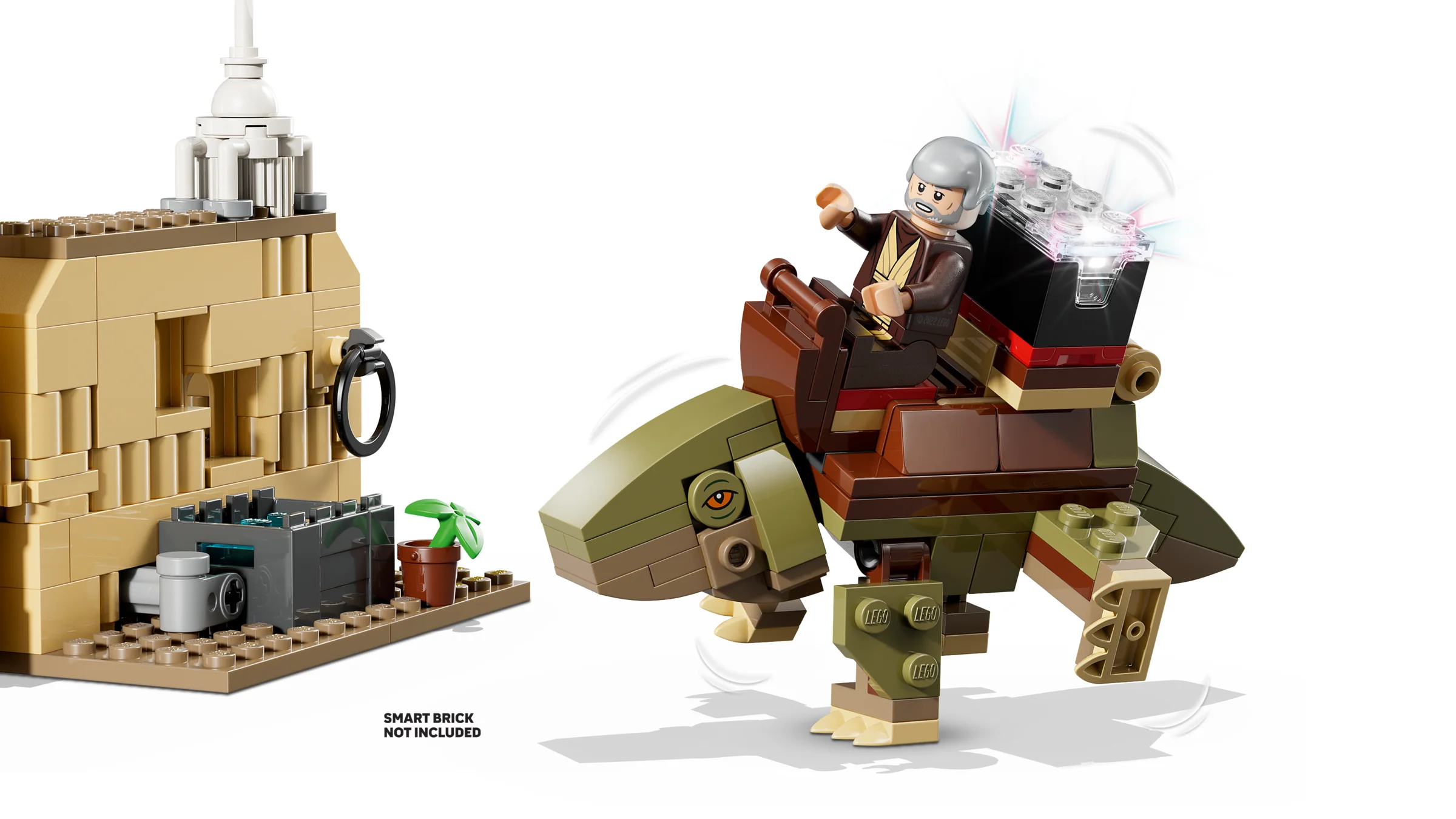Construcție detaliată LEGO cu Dewback și elemente din Mos Eisley Cantina.