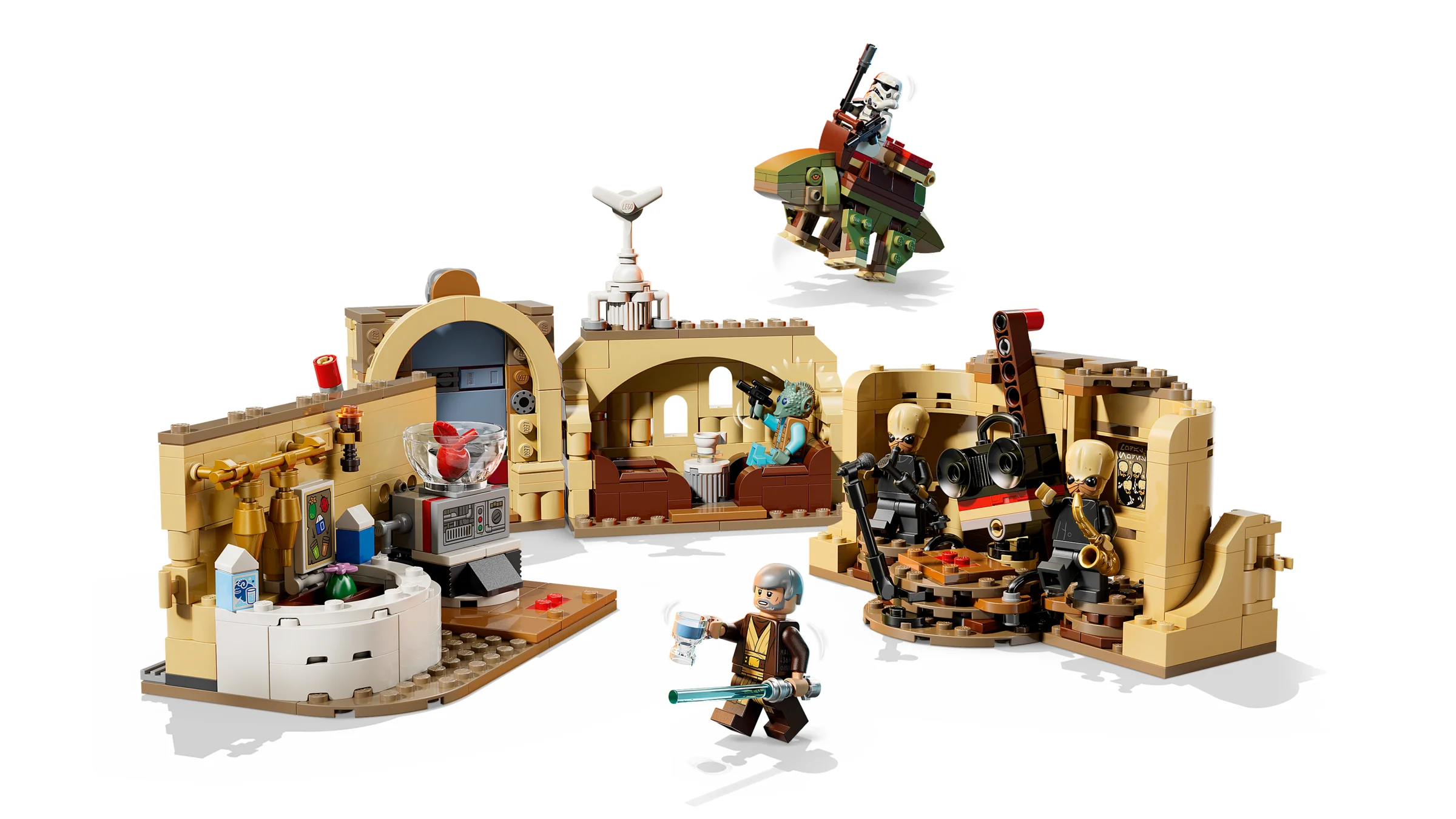Imagine detaliată a Cantinei Mos Eisley LEGO, cu minifigurine și elemente de scenă.