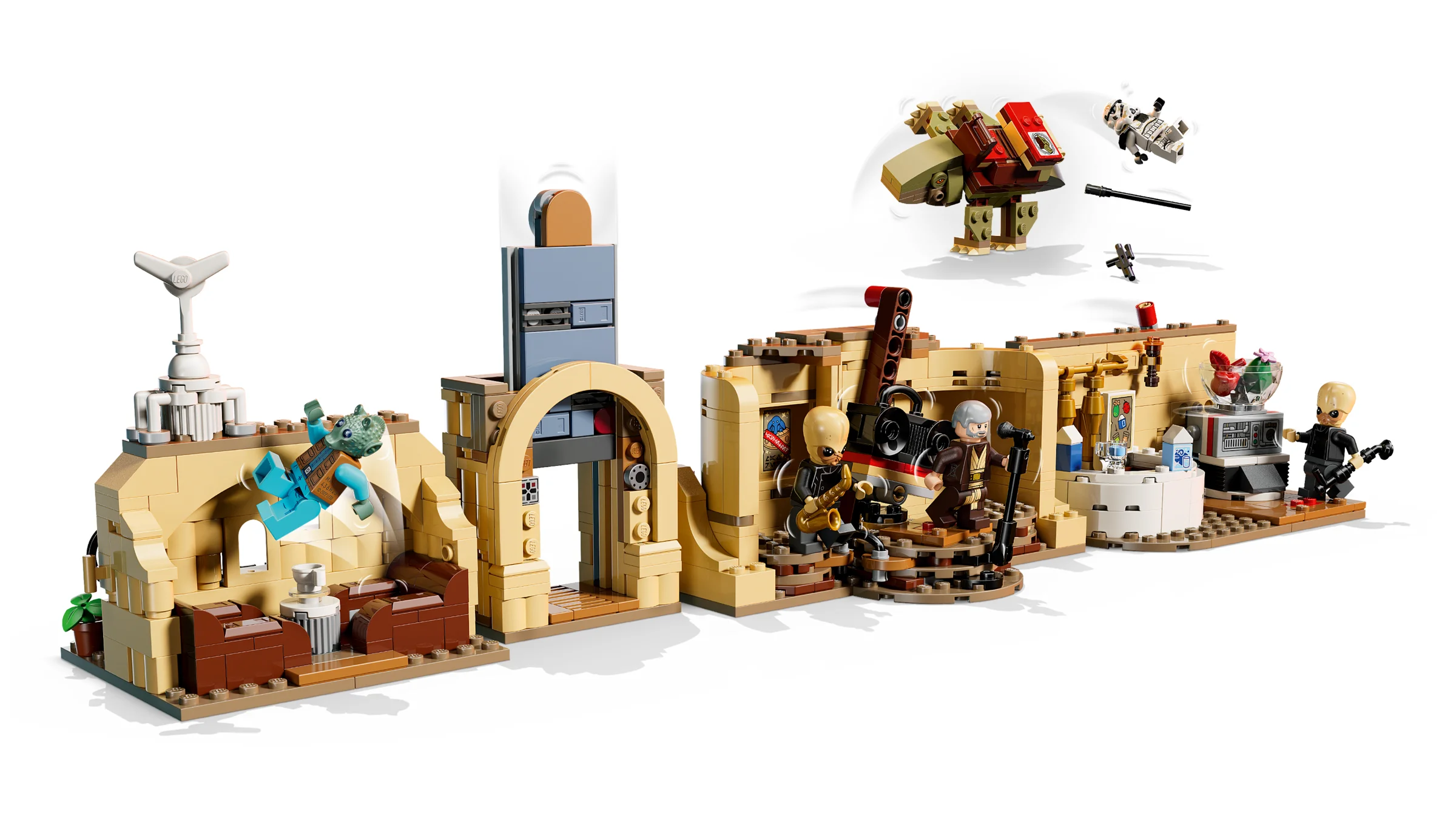 Prezentare detaliată a cantinei Mos Eisley LEGO Star Wars, cu minifigurine și detalii. 