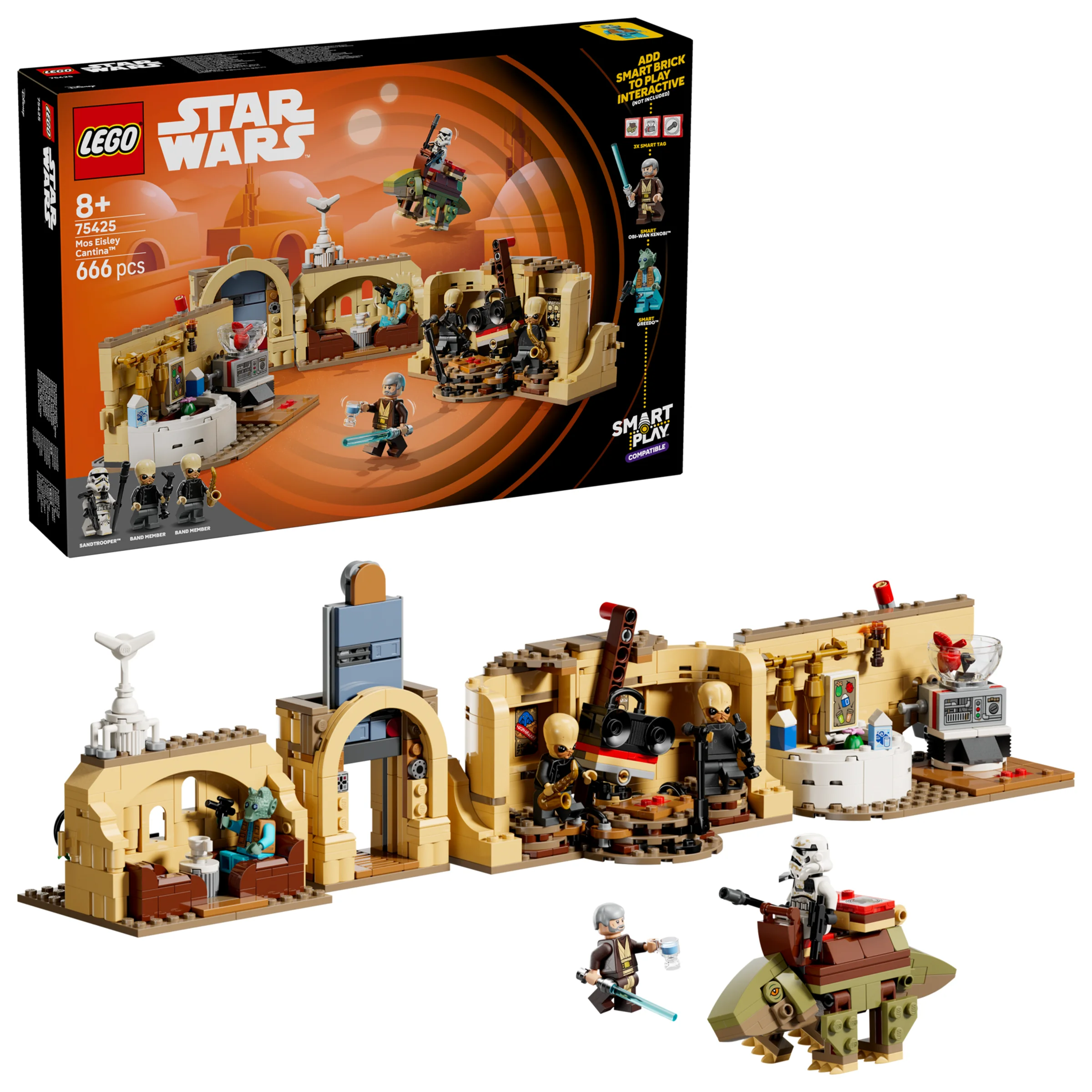 Imagine cu setul LEGO 75425 Mos Eisley Cantina, cu ambalajul și modelul construit.