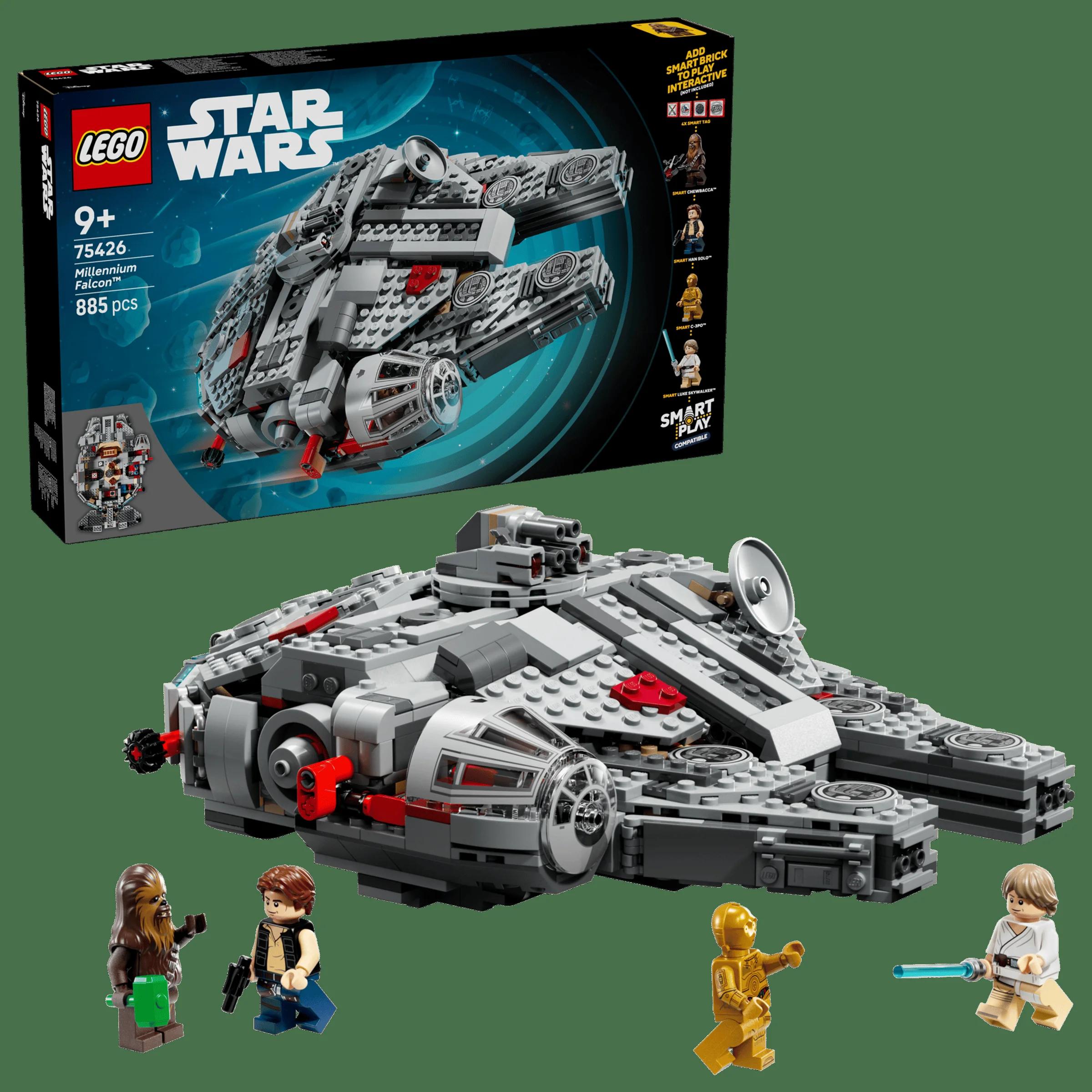 Imagine cu Millennium Falcon LEGO 75426 și cutia, plus minifigurinele incluse: Chewbacca, Han Solo, Luke și C-3PO.