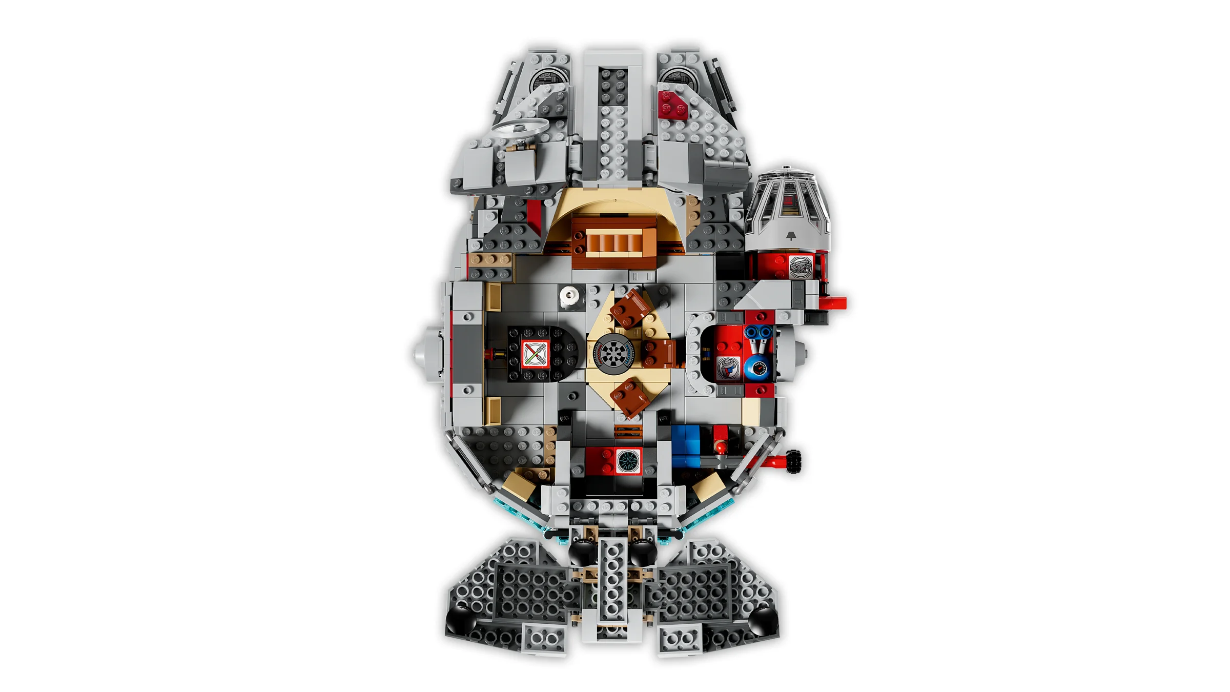 Vedere de sus a modelului LEGO Millennium Falcon, cu detalii interioare vizibile. O imagine detaliată.