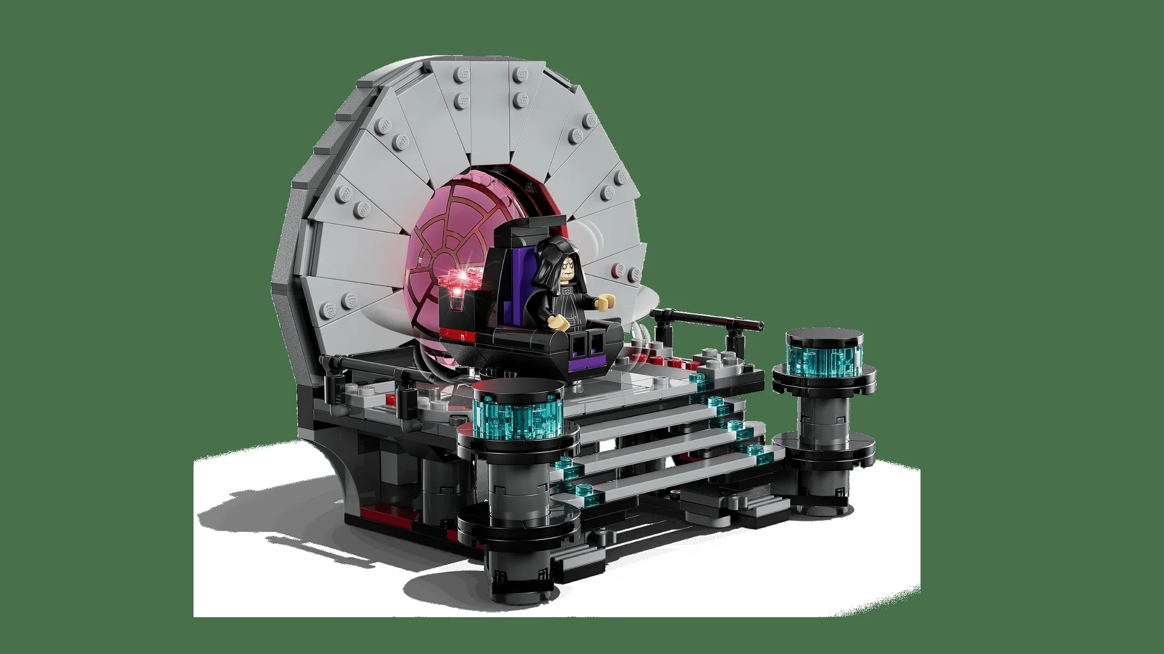 Imagine cu camera tronului a Împăratului Palpatine din LEGO Star Wars. Tronul este mare și impunător.