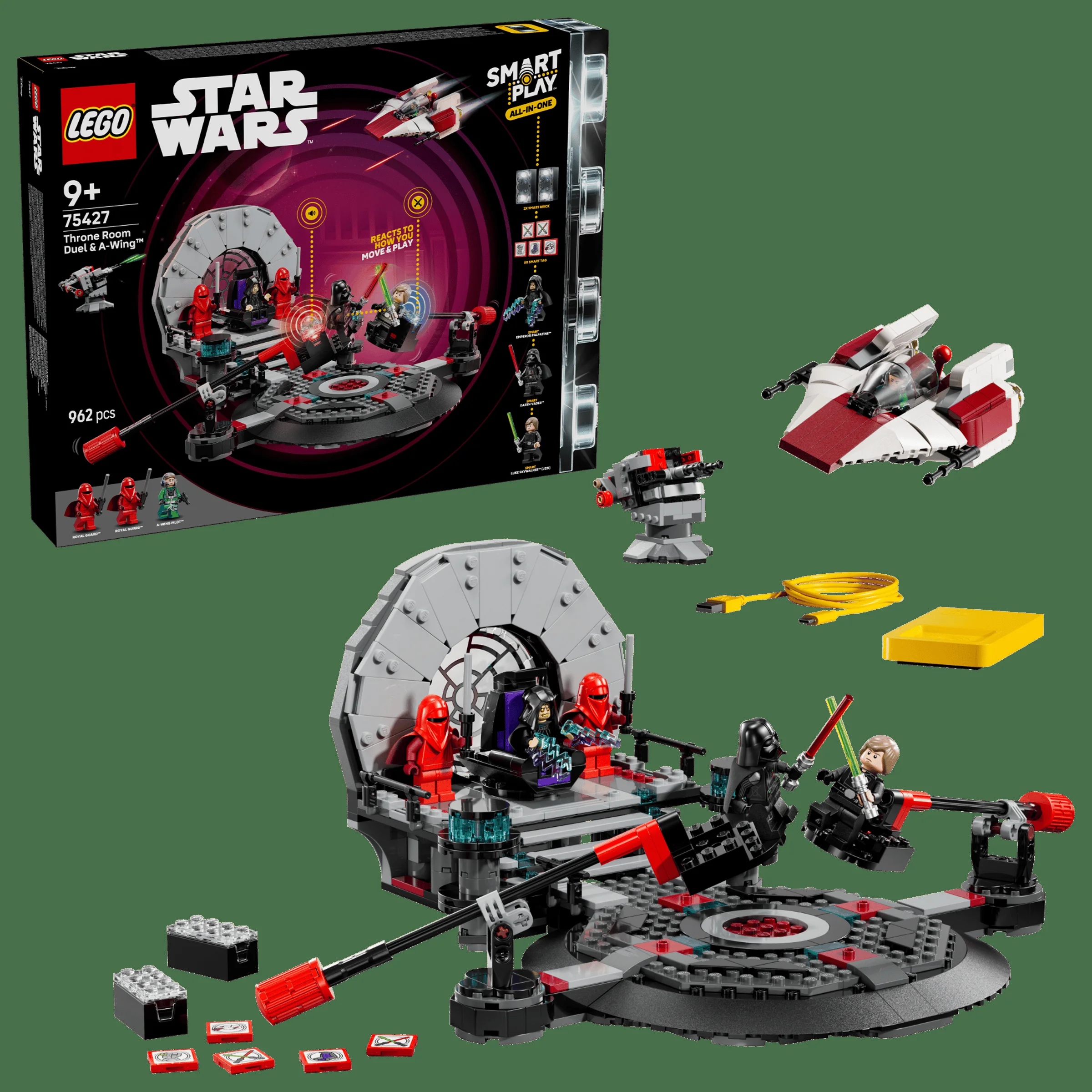 Imagine cu setul LEGO Star Wars 75427, incluzând tronul, minifigurinele și A-wing-ul.
