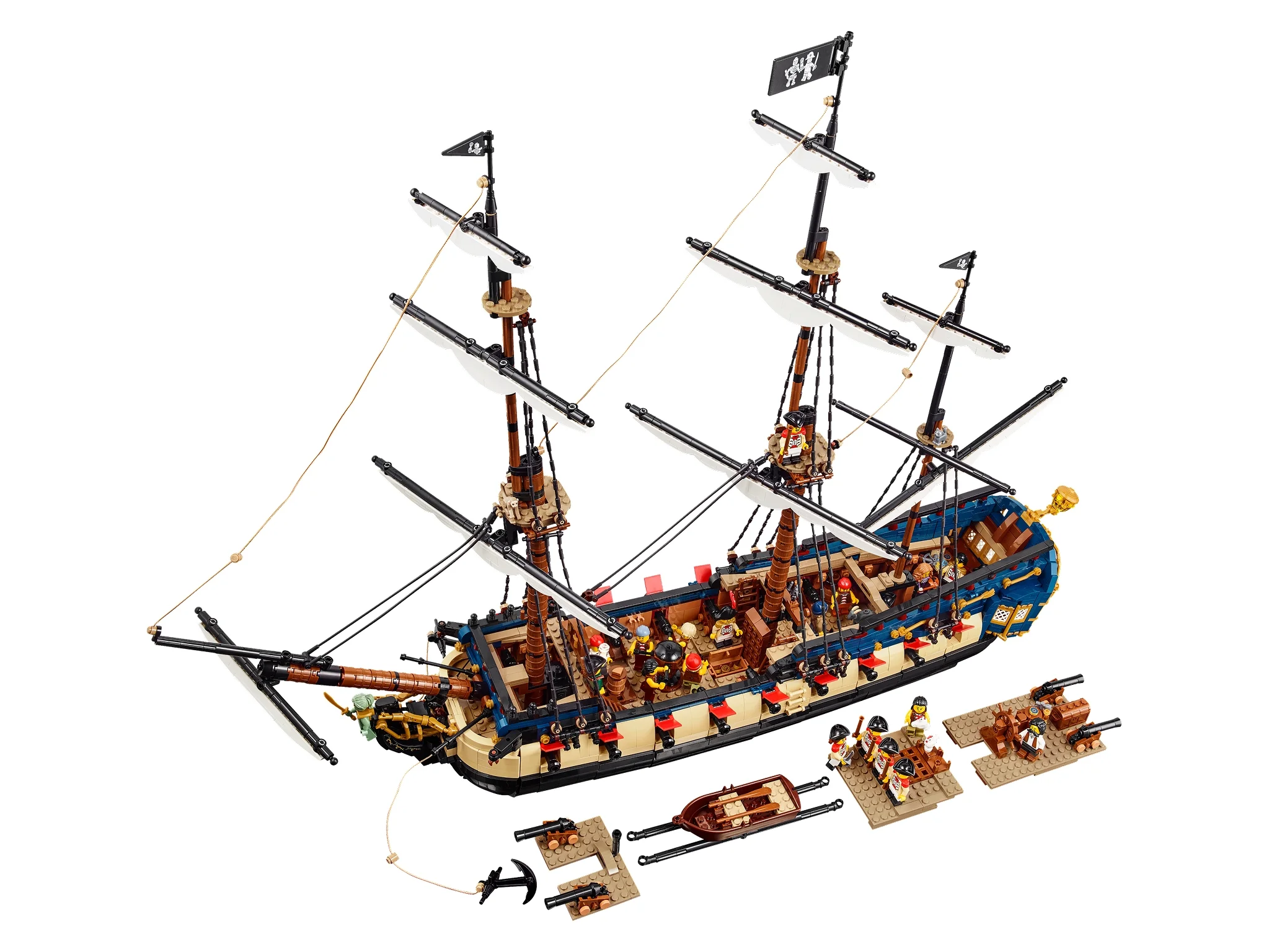 Imagine a frigatei Privateer Fortuna, cu detaliile sale și minifigurinele incluse.