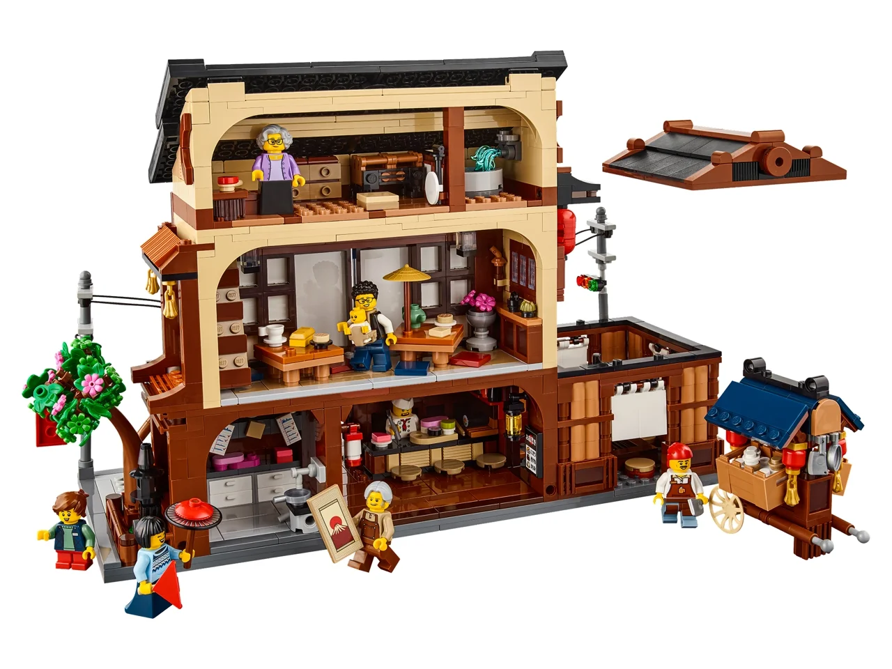 Imagine cu restaurantul LEGO Sushi (910060), un model detaliat pe două etaje, cu minifigurine și detalii interioare.