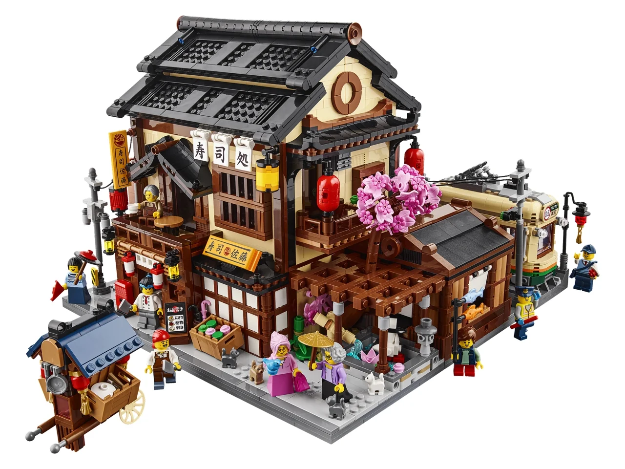 Imagine cu restaurantul Sushi LEGO 910060, cu minifigurine și detalii arhitecturale. O scenă vibrantă.