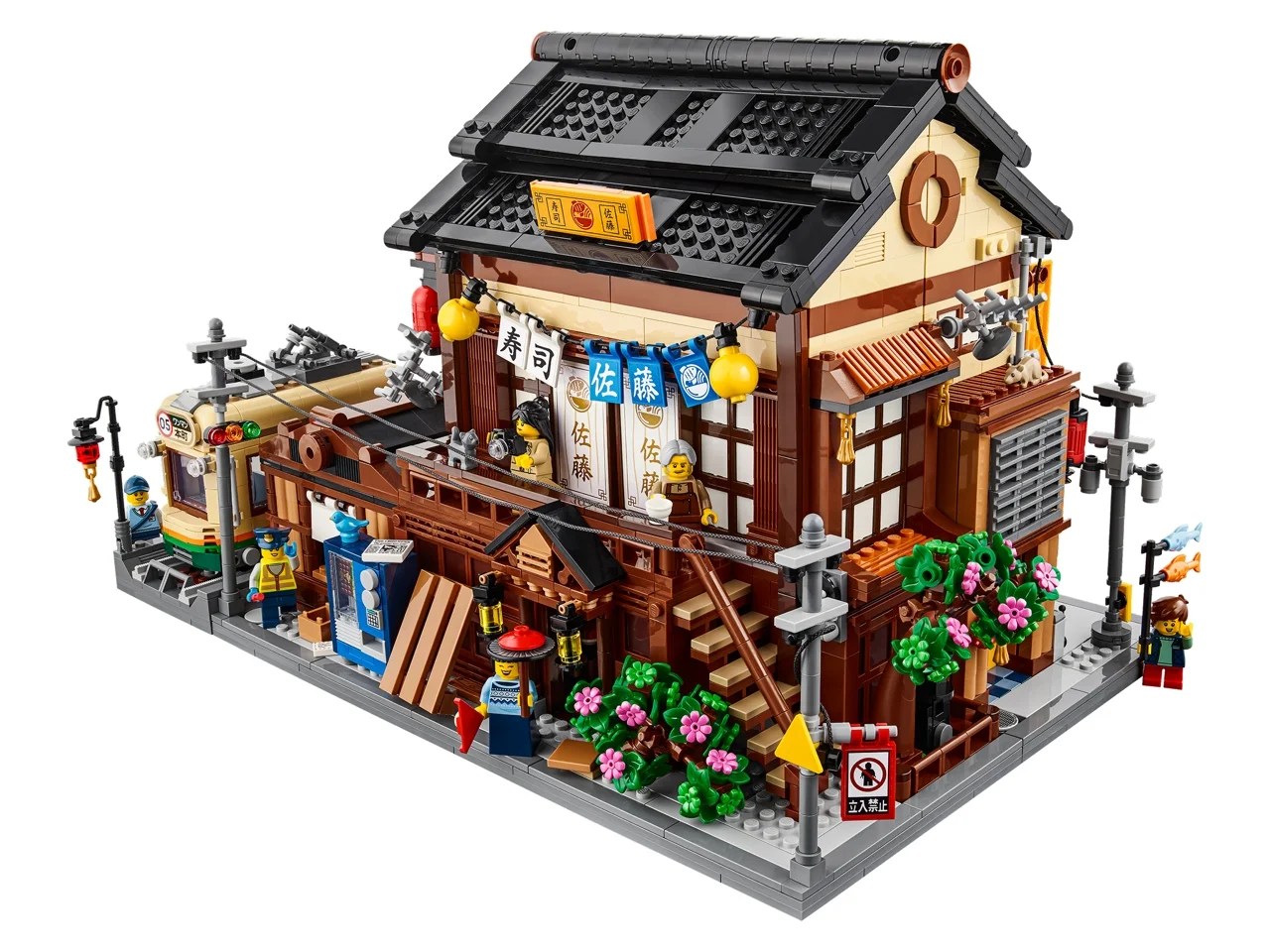 Imagine cu restaurantul LEGO Sushi (910060), prezentând detaliile arhitecturale și minifigurinele.