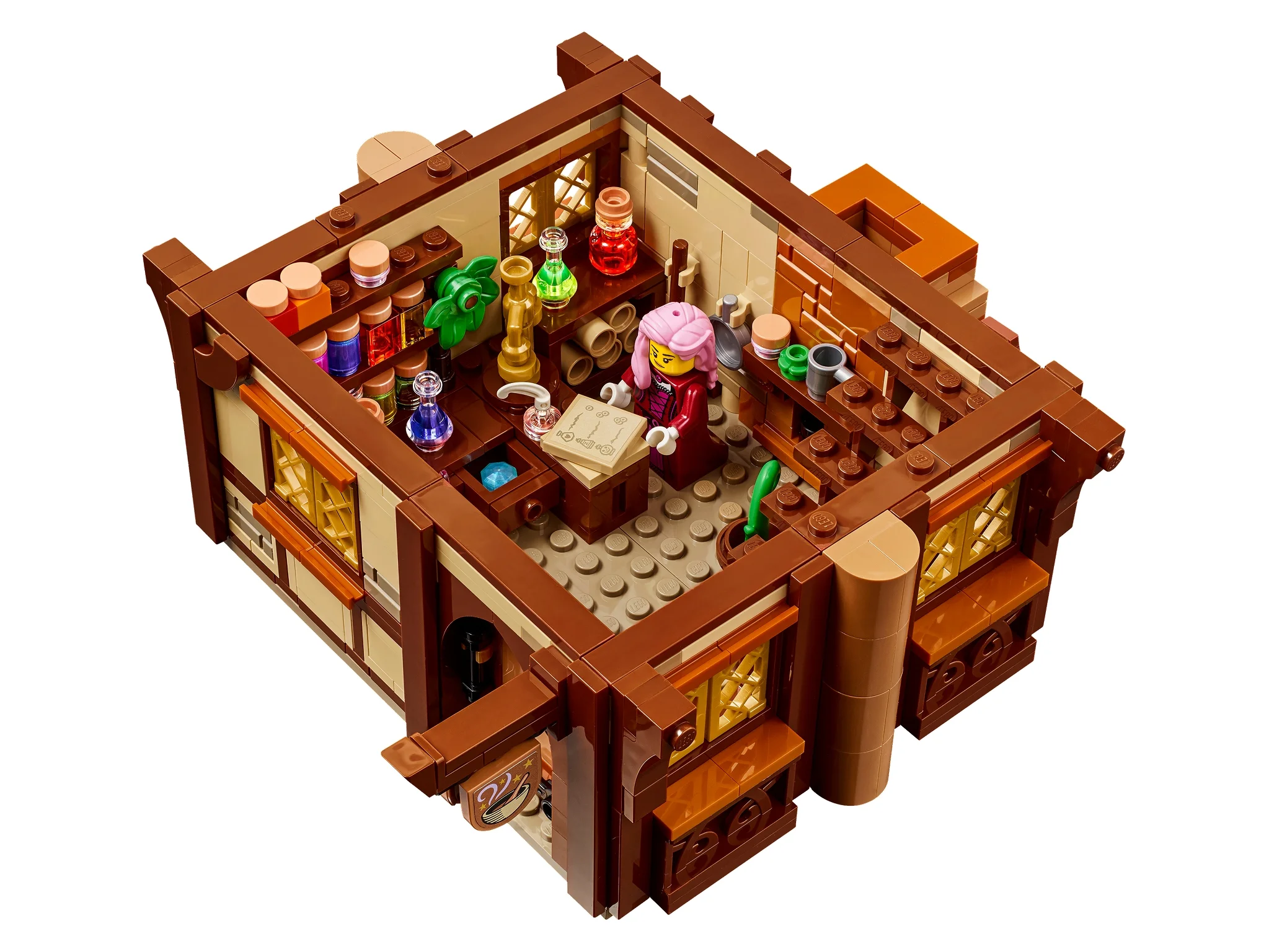 Magazinul alchimistului din cărămizi LEGO, vedere de sus, cu minifigurina inclusă.