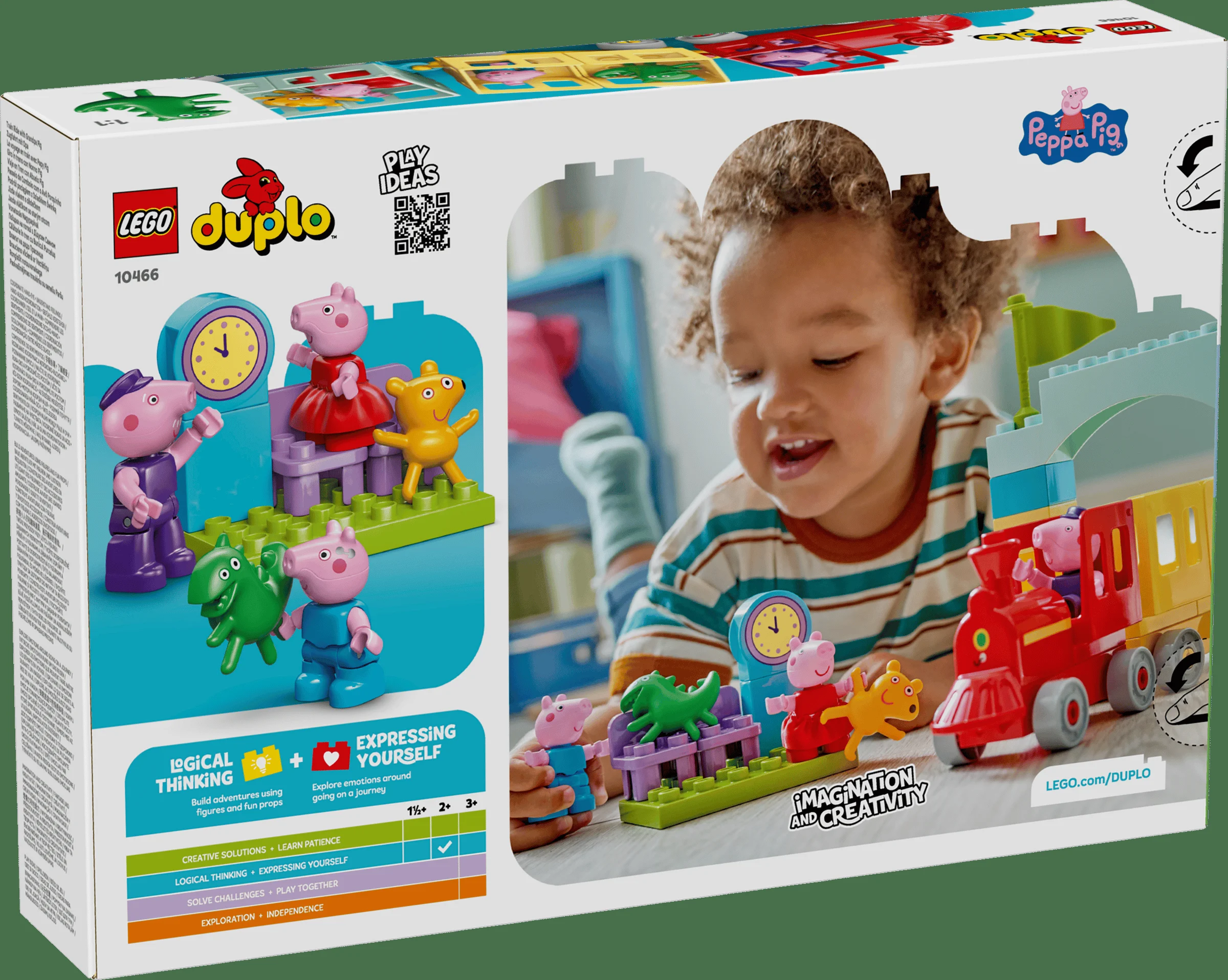 Imaginea cutiei LEGO Duplo 10466 cu băiat jucându-se cu trenulețul Bunicului Pig.