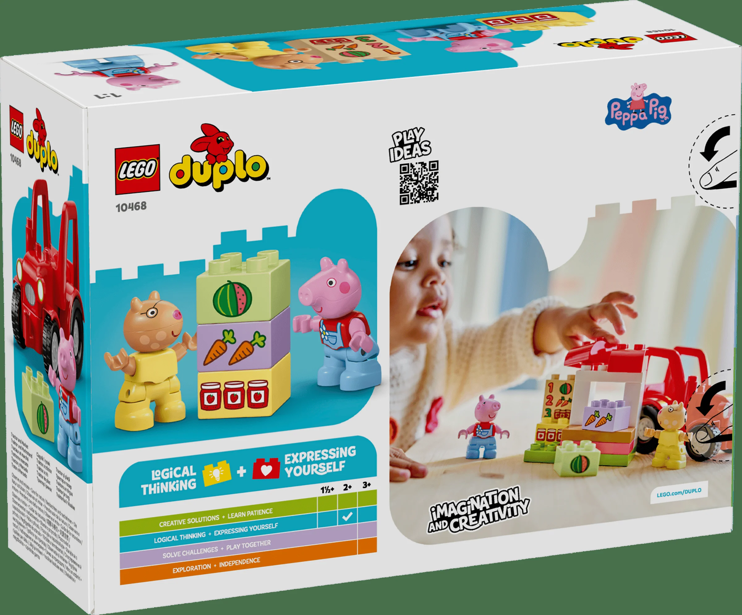 Cutia LEGO Duplo 10468 Tractor și Piață prezintă personajele Peppa Pig și un tractor roșu.