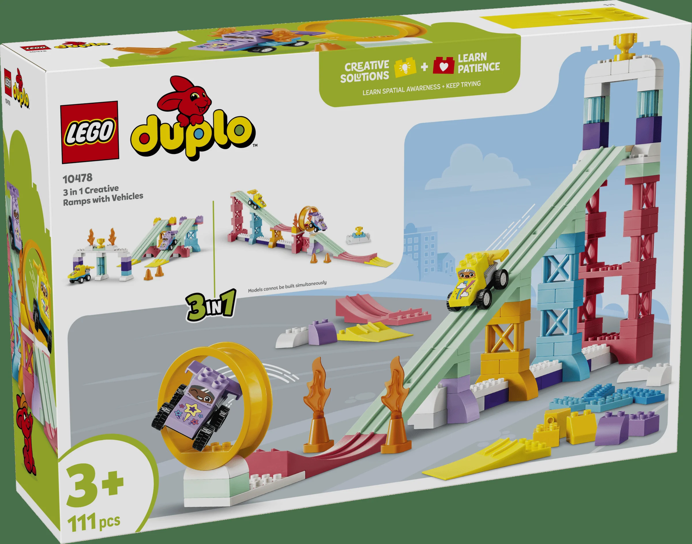 Cutia produsului LEGO Duplo 10478, cu diverse modele de rampe și vehicule.