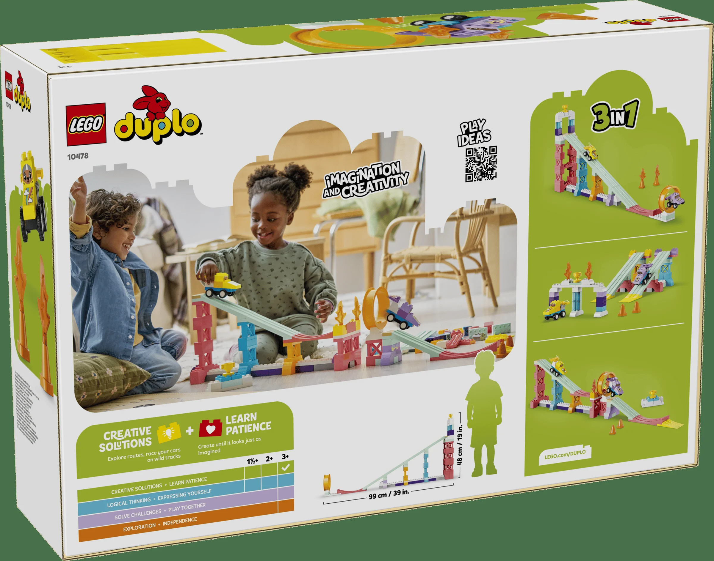 Cutia setului LEGO Duplo 10478, cu copii jucându-se și modele alternative prezentate.