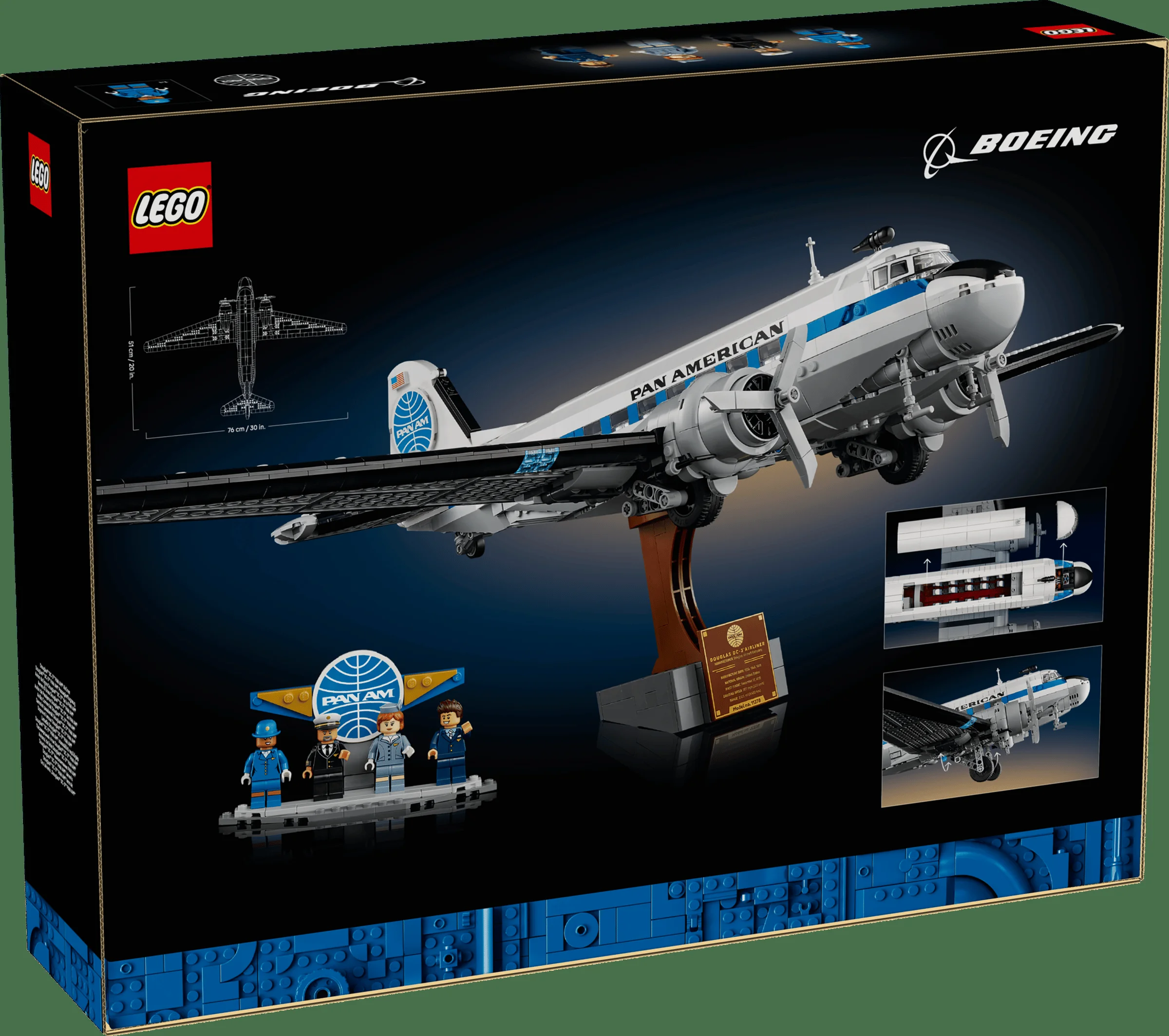 Imaginea cutiei setului LEGO Douglas DC-3 PAN AM Airliner, cu avionul și minifigurinele incluse.
